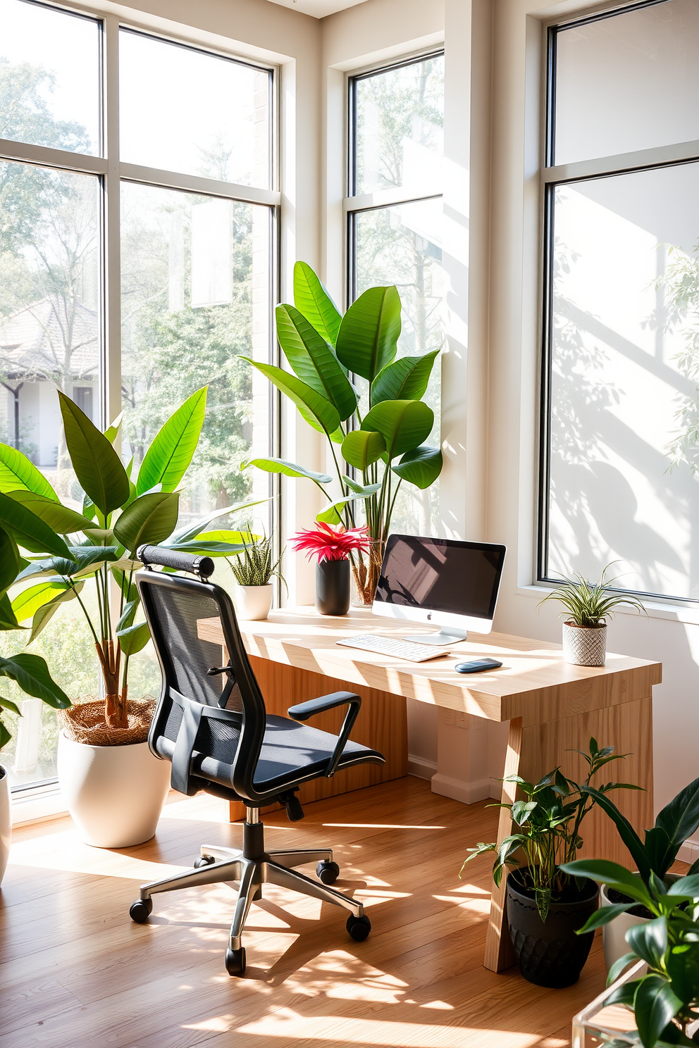 A modern home office featuring a sleek desk made of light wood with a comfortable ergonomic chair. Large windows allow natural light to flood the space, surrounded by vibrant indoor plants in decorative pots that enhance the refreshing atmosphere.