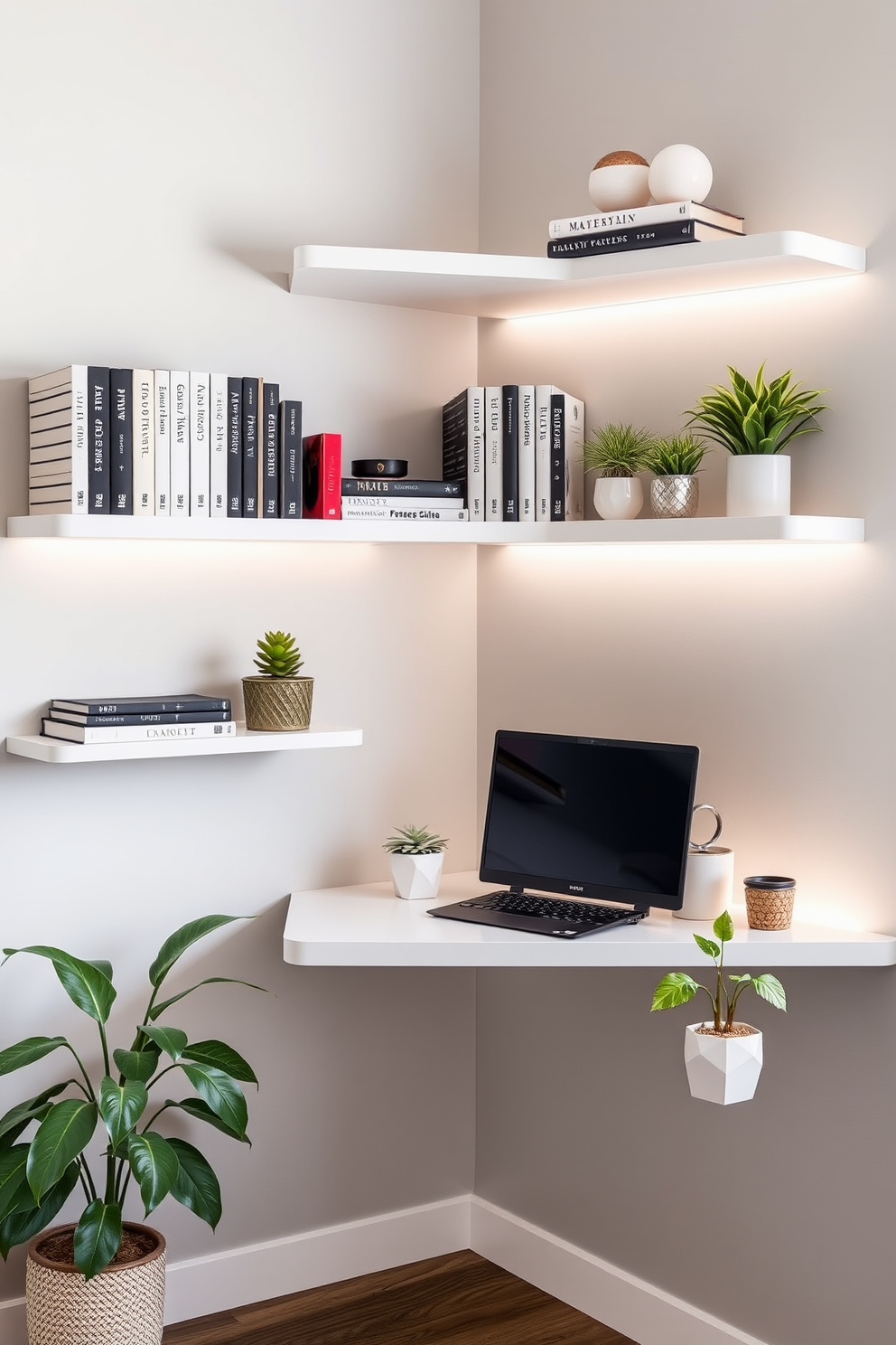 A modern home office features sleek floating shelves mounted on the walls to save valuable floor space. The shelves are adorned with stylish books, decorative items, and potted plants, creating an organized yet inviting atmosphere.