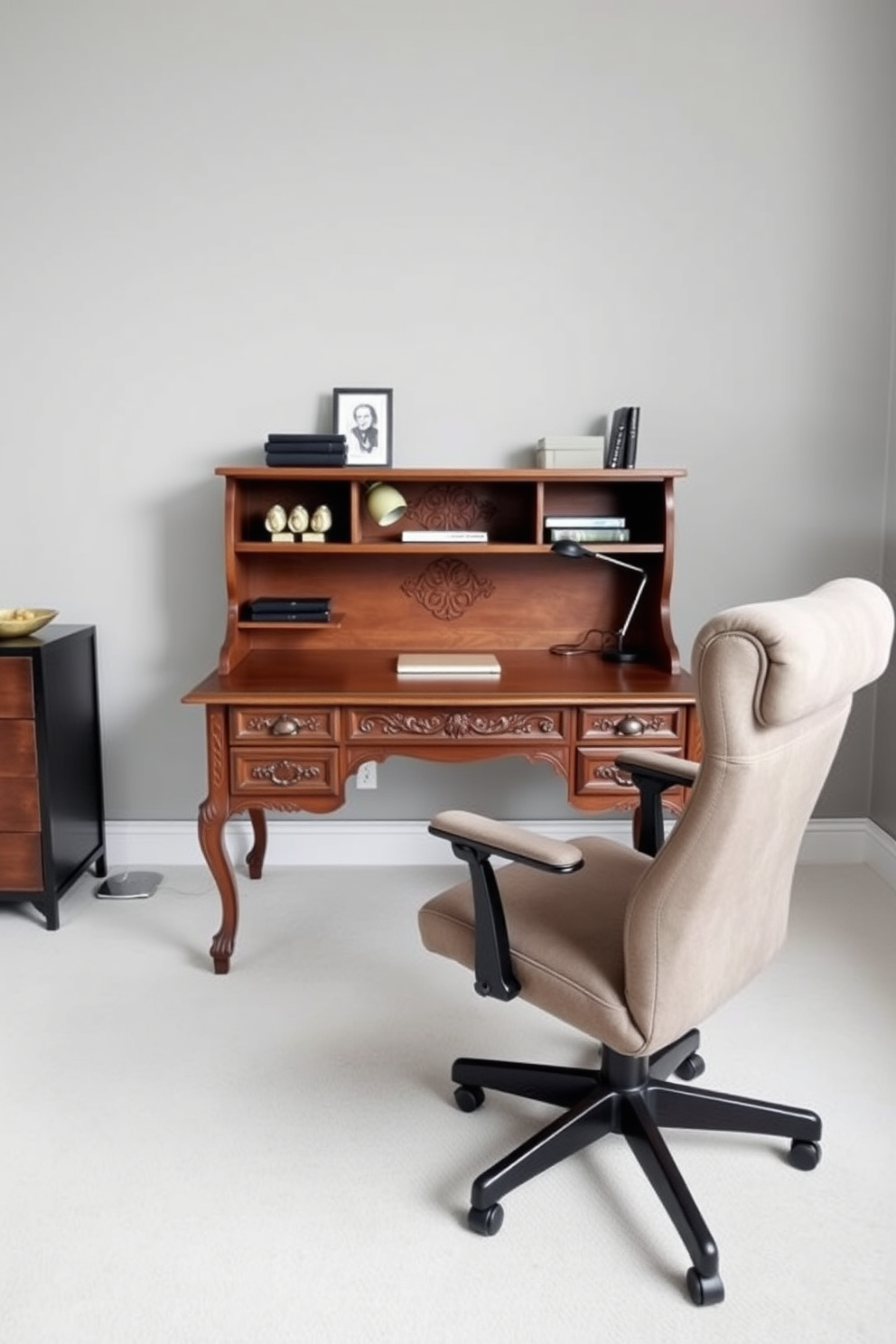 A vintage wooden desk with intricate carvings sits in the center of a modern home office. Surrounding the desk are sleek, contemporary accessories including a minimalist desk lamp and a stylish laptop stand. The walls are painted in a soft gray, creating a calming backdrop for the workspace. A plush, ergonomic chair complements the desk, providing comfort and style for long hours of work.