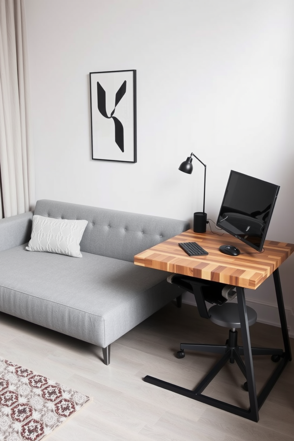 Multi-functional furniture for small spaces. A sleek sofa bed in a muted grey fabric doubles as a comfortable seating area by day and transforms into a cozy bed at night. Modern home office design ideas. A minimalist desk made of reclaimed wood is paired with an ergonomic chair, creating a productive workspace that blends style with function.