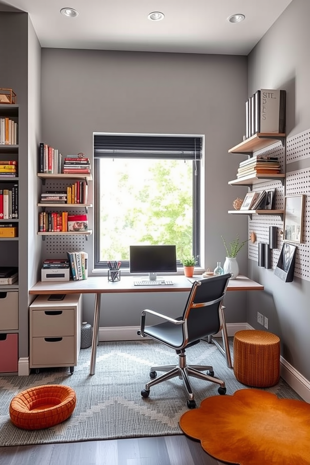 A modern home office featuring creative wall storage solutions for organization. The walls are adorned with sleek shelving units and pegboards, providing ample space for books, office supplies, and decorative items. A stylish desk sits in front of a large window, allowing natural light to flood the room. The color palette includes soft grays and vibrant accents, creating an inspiring and productive workspace.