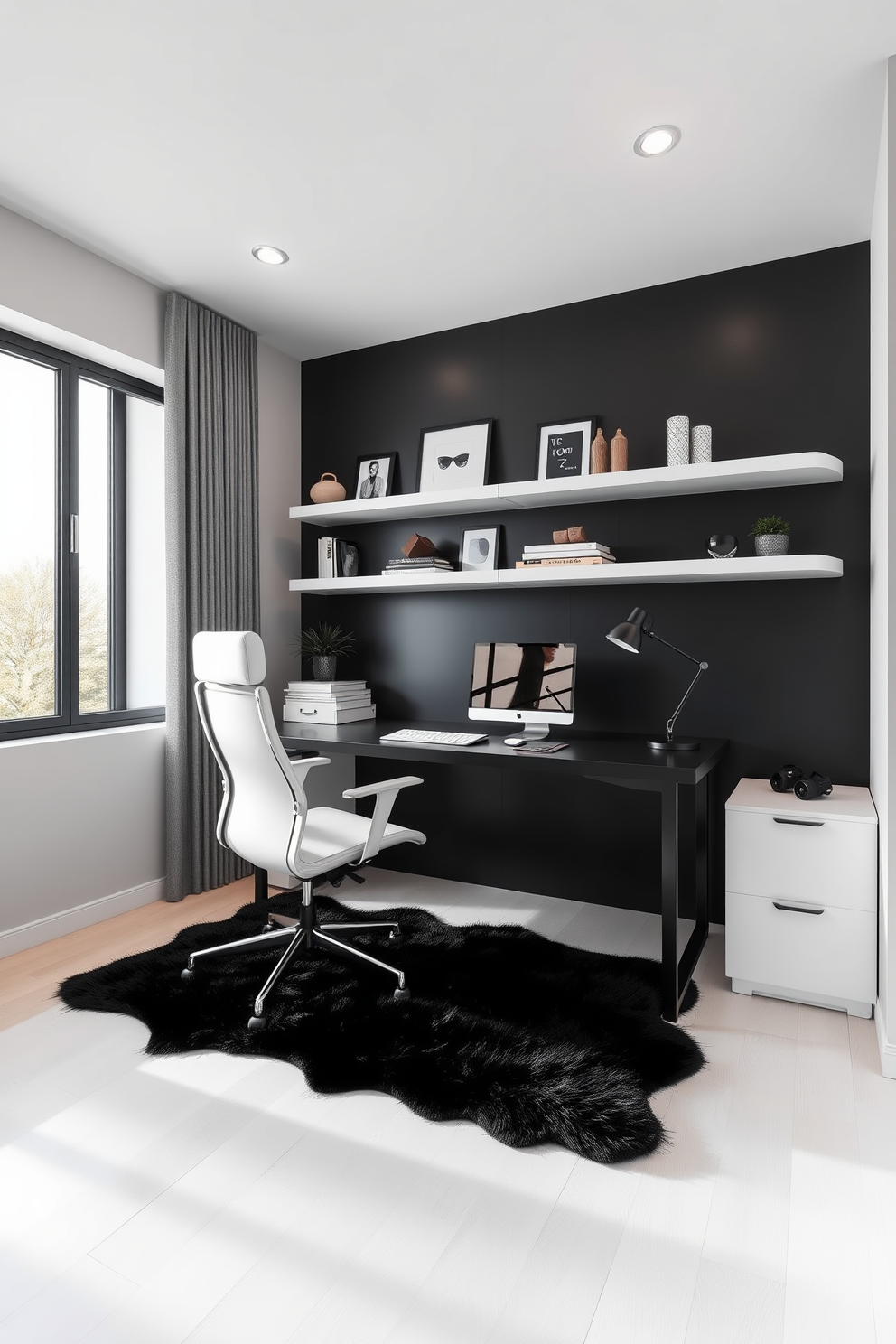 A sleek modern home office featuring a black and white color scheme. The space includes a minimalist black desk paired with a white ergonomic chair, and a large window allows natural light to flood the room. On the wall behind the desk, there are floating white shelves displaying stylish decor items and books. The floor is covered with a plush black rug that adds warmth to the chic atmosphere.