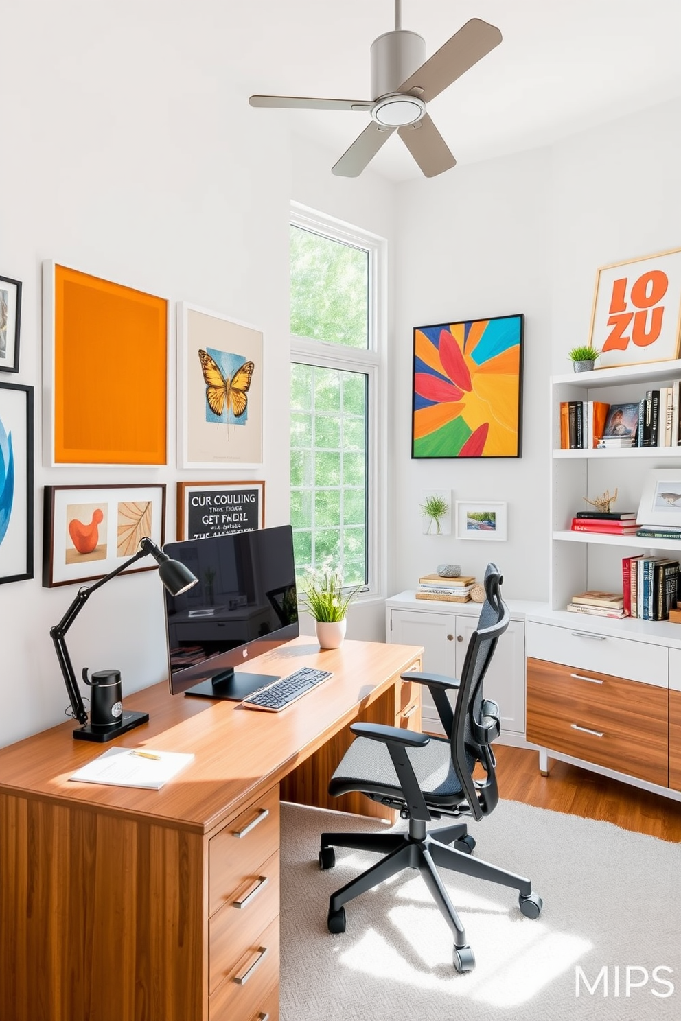 Bright white walls adorned with vibrant art pieces create an inspiring atmosphere. A sleek wooden desk faces a large window, allowing natural light to flood the space. A comfortable ergonomic chair complements the desk, providing a perfect spot for productivity. Shelves filled with books and decorative items add personality and warmth to the modern home office.