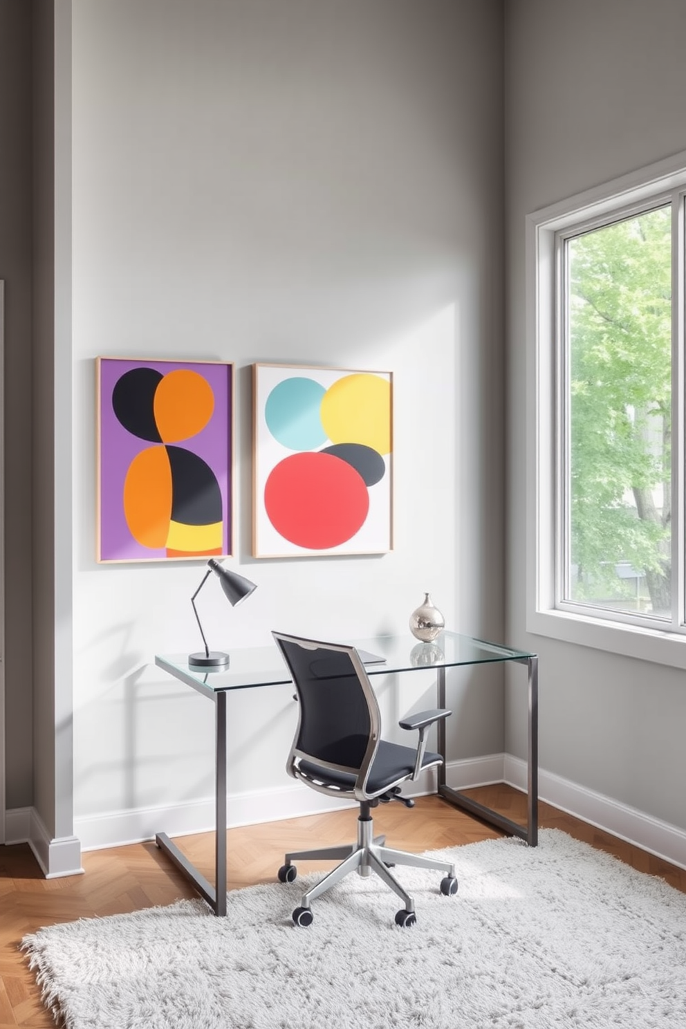 A modern home office features a sleek glass desk positioned against a large window, allowing natural light to flood the space. Above the desk, contemporary art pieces in bold colors and abstract shapes serve as striking focal points, adding personality to the room. The walls are painted in a soft gray tone, creating a calming backdrop for the vibrant artwork. A comfortable ergonomic chair complements the minimalist design, while a plush area rug adds warmth beneath the desk.