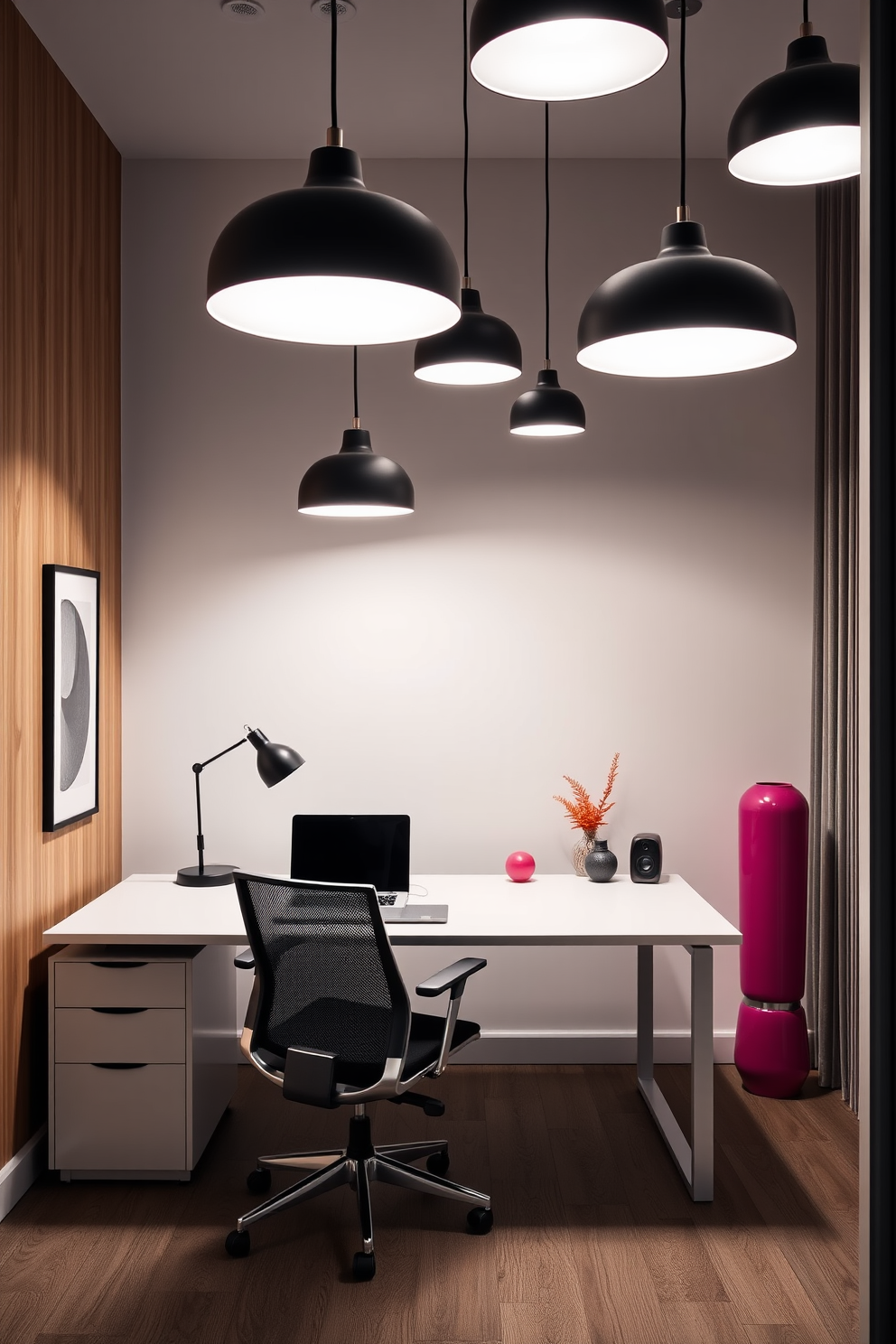 A modern home office featuring bold lighting fixtures that create a dramatic effect. The desk is sleek and minimalist, complemented by an ergonomic chair and vibrant accent decor.