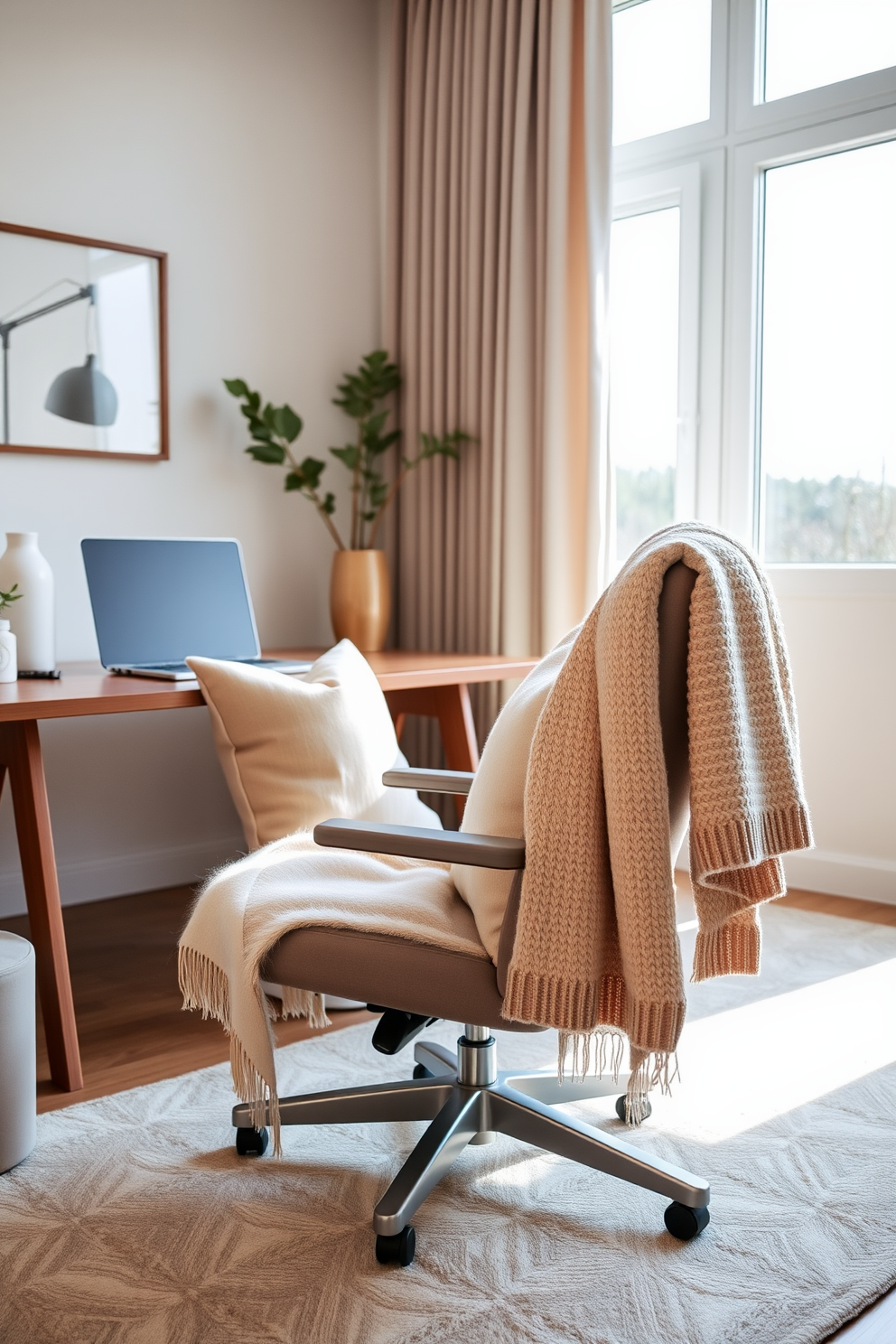 A modern home office features soft textiles that create a comfortable and inviting atmosphere. Plush cushions adorn an ergonomic chair, while a cozy throw is draped over the back of the chair, adding warmth and style. The workspace includes a sleek wooden desk paired with a soft area rug that complements the color palette. Natural light floods the room through large windows, highlighting the gentle hues of the decor and enhancing the overall sense of tranquility.