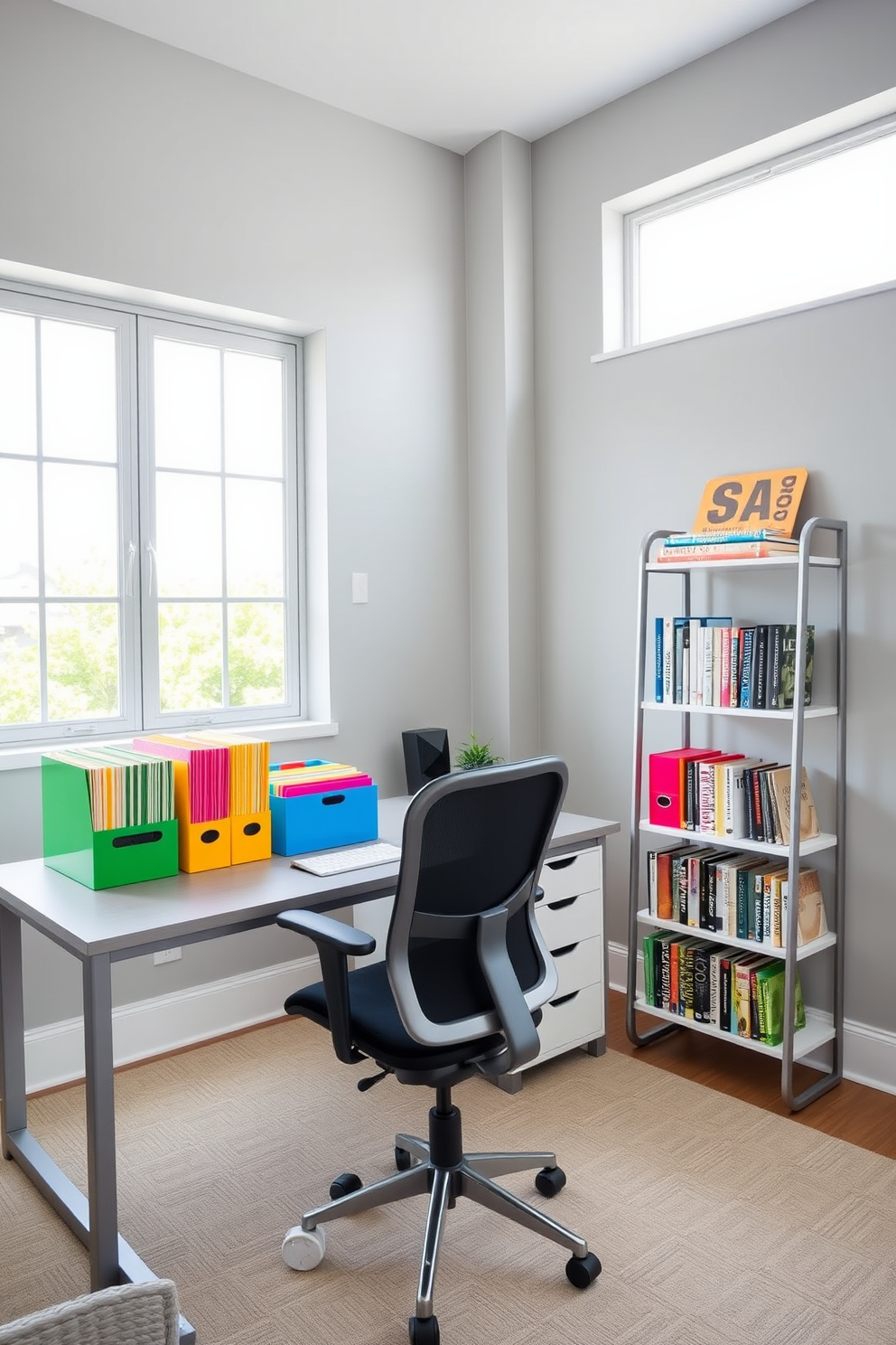 A vibrant home office featuring colorful file organizers neatly arranged on a sleek desk. The walls are painted in a soft gray, creating a perfect backdrop for the bright pops of color from the organizers. Incorporate a stylish ergonomic chair that complements the desk, paired with a contemporary bookshelf filled with design books. A large window allows natural light to flood the space, enhancing creativity and productivity.