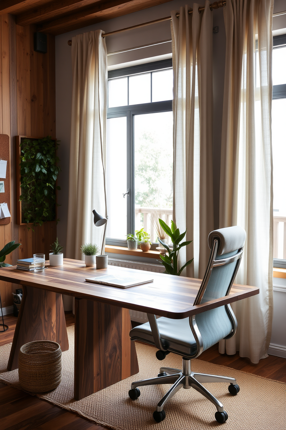 A modern home office featuring sustainable materials such as reclaimed wood and bamboo. The workspace includes a sleek desk made from recycled materials and an ergonomic chair upholstered in organic cotton. Natural light floods the room through large windows adorned with linen curtains. A vertical garden adds a touch of greenery, while a cork bulletin board provides a practical yet stylish organizational solution.