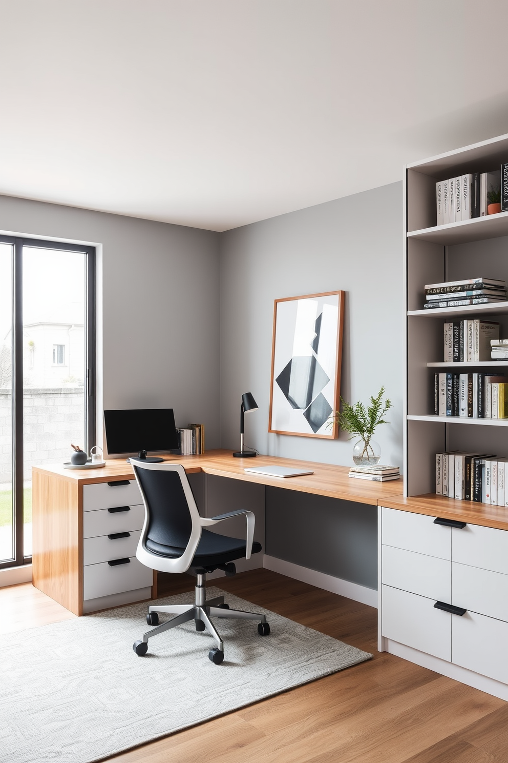 An L-shaped desk is positioned in the corner of the room, designed with a sleek wooden finish that complements the overall decor. The workspace features an ergonomic chair with a minimalist design, enhancing comfort and style. The walls are painted in a soft gray hue, creating a calm and focused atmosphere. A large window allows natural light to flood the space, while stylish shelving units hold books and decorative items, adding personality to the office.