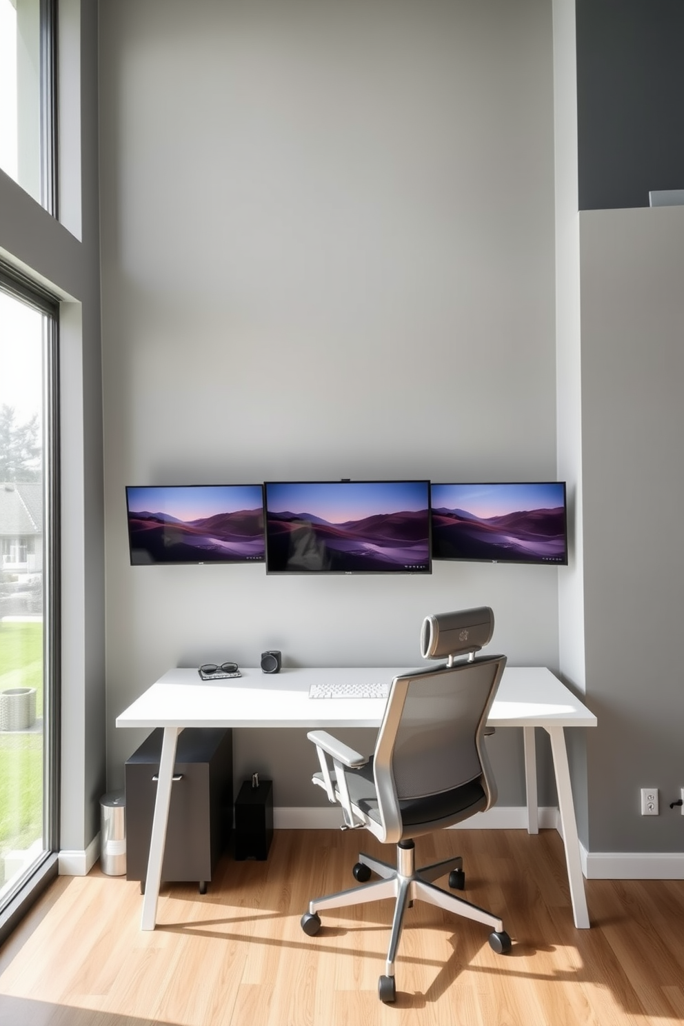 A modern home office featuring wall-mounted monitors for a sleek and organized workspace. The walls are painted in a soft gray tone, and a minimalist desk with clean lines sits beneath the monitors. A comfortable ergonomic chair complements the desk, providing both style and functionality. Natural light floods the room through large windows, enhancing the bright and airy atmosphere.