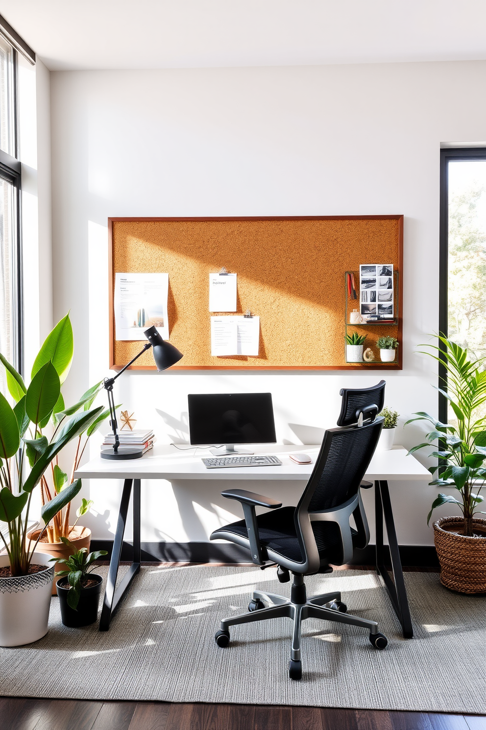 A stylish home office featuring a large cork board mounted on the wall for inspiration and notes. The desk is sleek and minimalist with a comfortable ergonomic chair, surrounded by potted plants and natural light streaming through large windows.