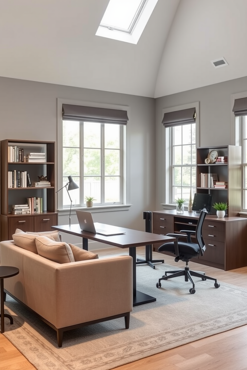 A modern home office featuring modular furniture that allows for flexible arrangements. The space includes a sleek desk that can be adjusted in height, surrounded by comfortable chairs that can be easily moved to create different layouts. The walls are painted in a soft gray hue, providing a calming backdrop for productivity. Large windows let in natural light, and a stylish bookshelf filled with books and decorative items adds character to the room.