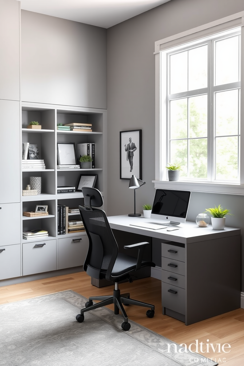 A modern home office featuring a sleek desk with integrated storage and a comfortable ergonomic chair. The walls are painted in a soft gray, and a large window allows natural light to flood the space, highlighting minimalist decor. On one side of the room, built-in shelves hold books and decorative items, keeping the area organized. A stylish area rug adds warmth, and a small potted plant brings a touch of nature indoors.