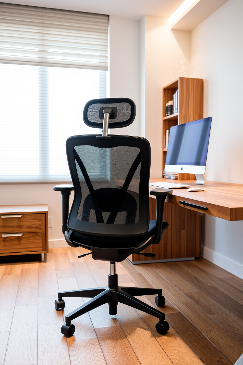 A modern home office design featuring an ergonomic chair that provides optimal support and comfort. The chair is paired with a sleek, minimalist desk made of polished wood, creating a stylish and functional workspace.