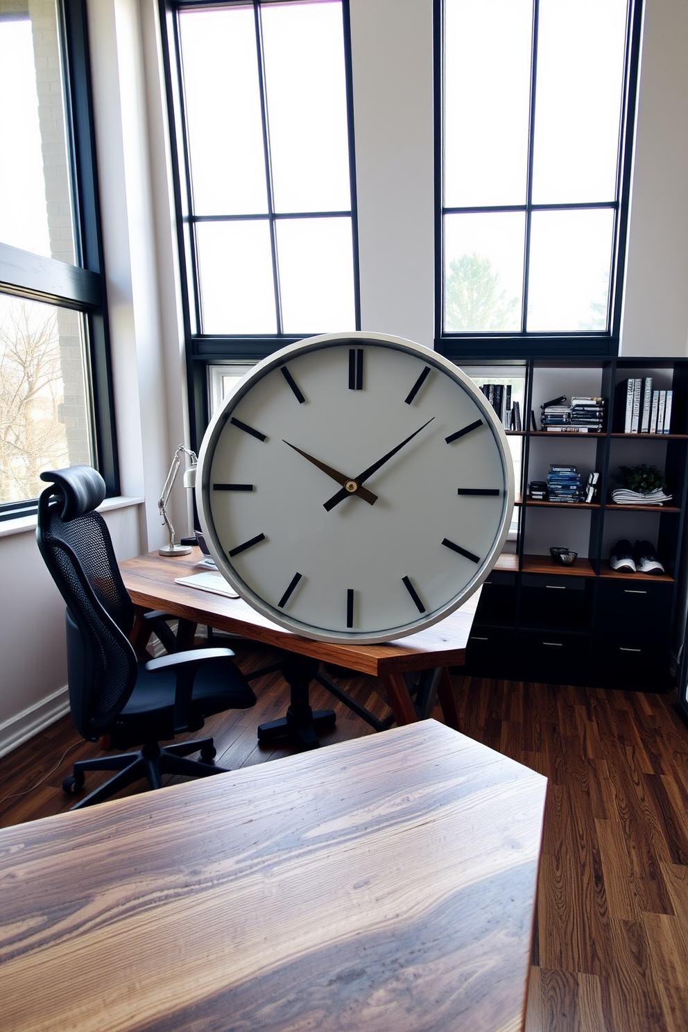 A stylish clock serves as a functional decor piece in a modern home office. The clock features a sleek design with a minimalist face and a metallic finish, complementing the contemporary aesthetic of the workspace. The office is designed with a spacious desk made of reclaimed wood, paired with an ergonomic chair. Large windows allow natural light to flood the room, highlighting the stylish clock and creating an inviting atmosphere.