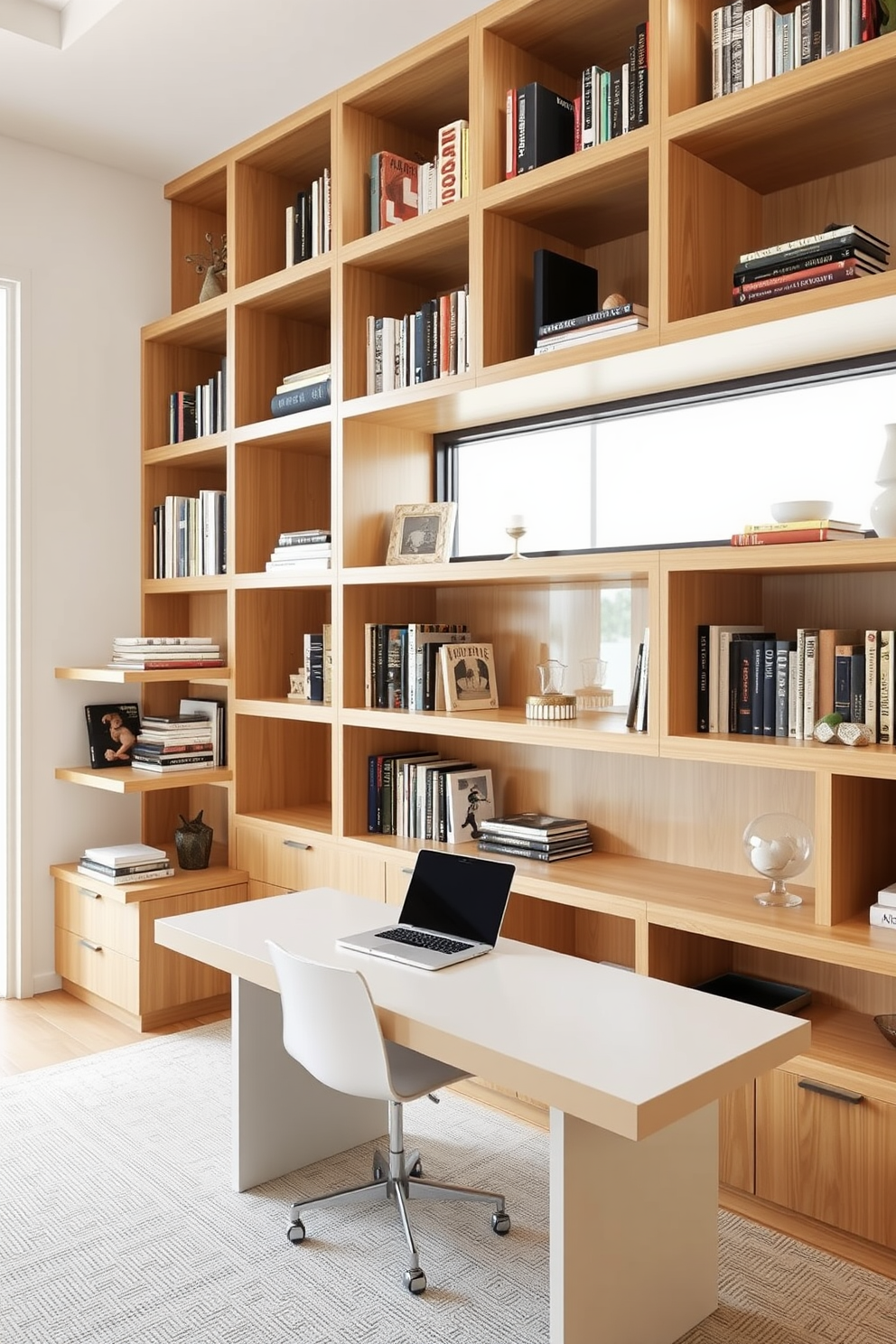 A modern home office features open shelving that showcases a curated collection of books and decorative items. The shelving is made of light wood, providing a warm contrast to the sleek, minimalist desk positioned beneath a large window.