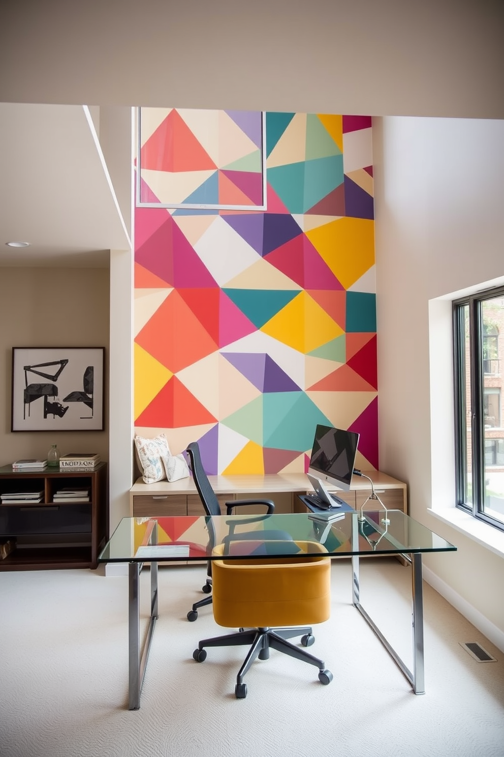 A striking accent wall features a bold geometric wallpaper in vibrant colors. The rest of the room is painted in a soft neutral tone to enhance the wall's impact. The modern home office is designed with a sleek glass desk and a comfortable ergonomic chair. Large windows allow natural light to flood the space, creating an inspiring work environment.