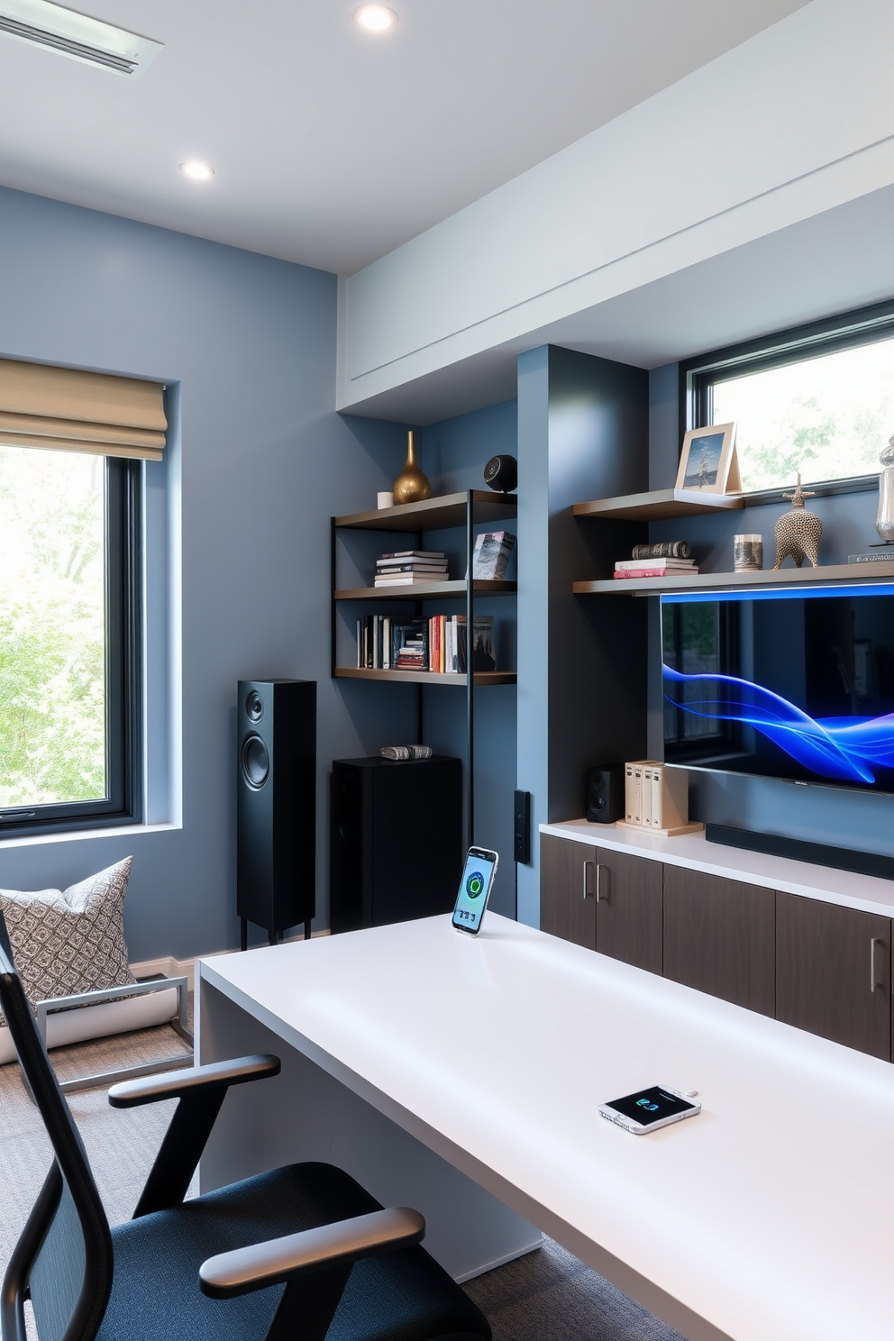 A modern home office with integrated technology features a sleek desk equipped with a built-in charging station and smart lighting. The walls are painted in a calming blue hue, and a large window provides ample natural light, complemented by ergonomic furniture for comfort and productivity. The space includes a wall-mounted monitor for easy access to digital tools, while a sound system enhances the audio experience. Stylish shelves display books and decorative items, creating an inspiring and organized environment.