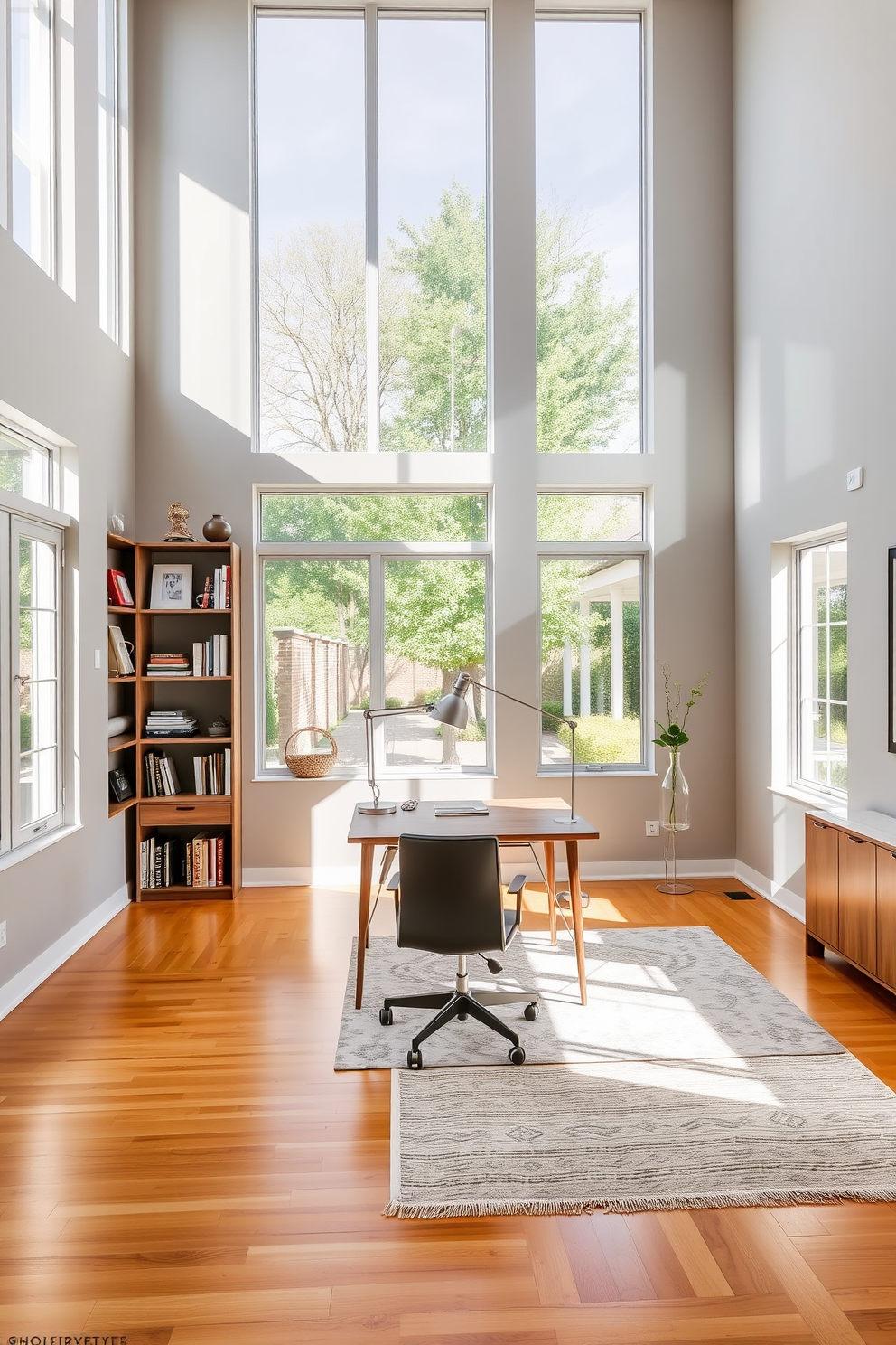 A spacious modern home office with large windows allowing ample natural light to flood the room. The walls are painted in a soft gray, and the floor features warm hardwood, creating a welcoming atmosphere. A sleek wooden desk sits in the center, paired with an ergonomic chair that complements the overall aesthetic. Shelves filled with books and decorative items line one wall, while a stylish rug adds texture and warmth to the space.