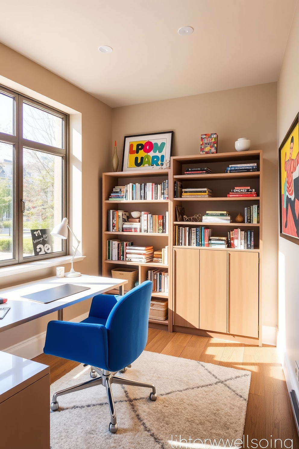 A modern home office featuring a neutral color palette with pops of color. The space includes a sleek desk with a vibrant blue chair and a large window allowing natural light to flood the room. The walls are painted in a soft beige, accented by colorful artwork that adds personality. A stylish bookshelf filled with books and decorative items stands against one wall, complemented by a cozy area rug in warm tones.