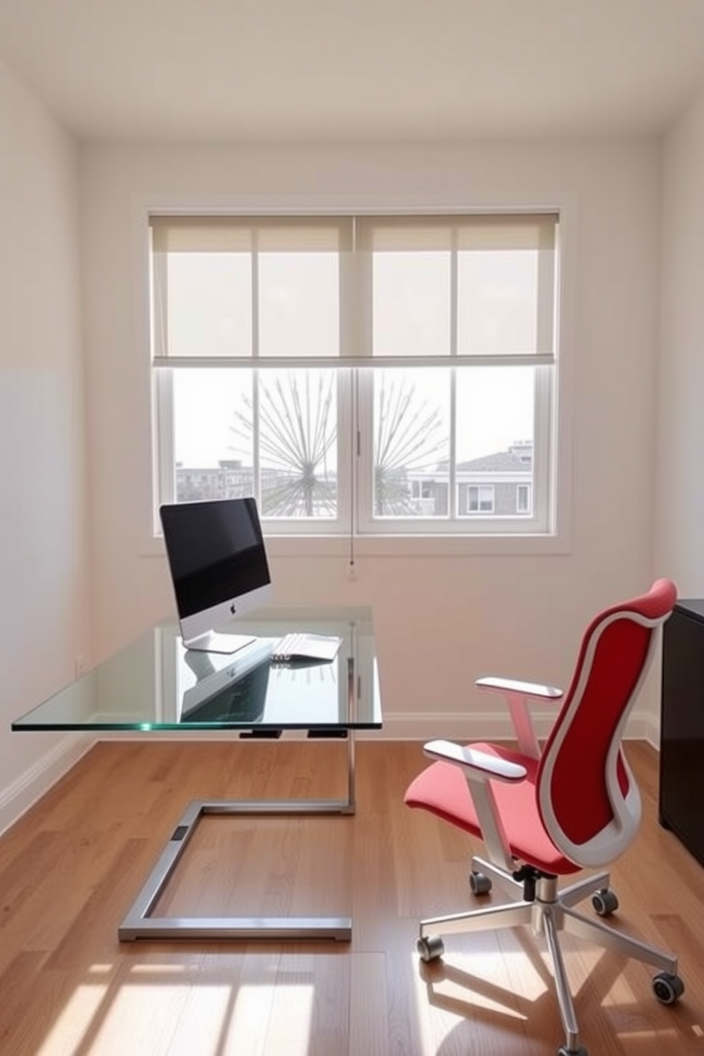 A modern home office features a sleek glass desk that allows light to flow through the space. The walls are painted in a soft white hue, complemented by a comfortable ergonomic chair in a vibrant color.