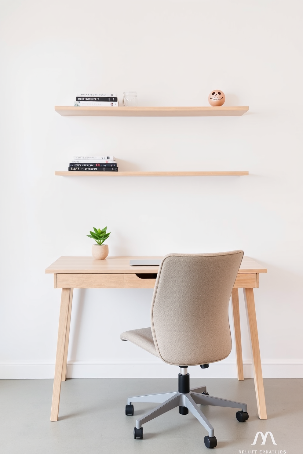 A minimalist desk is positioned against a white wall, featuring clean lines and a light wood finish. Above the desk, sleek wall-mounted shelves hold a few carefully curated books and decorative items. The office chair is ergonomic and upholstered in a neutral fabric, providing comfort without compromising style. A small potted plant sits on the desk, adding a touch of greenery to the modern workspace.