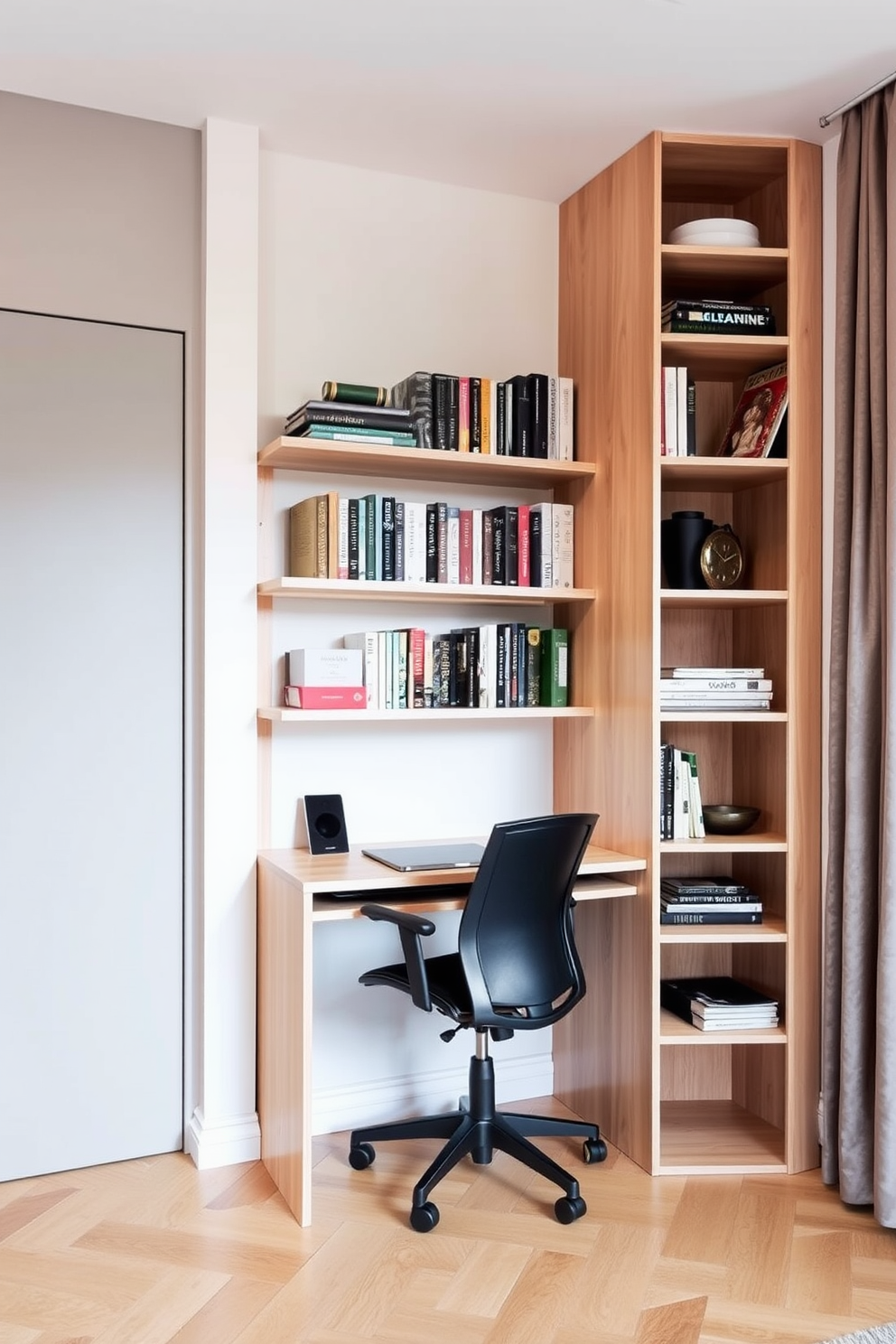 A small bookshelf designed to maximize vertical space features a sleek, minimalist structure that reaches from floor to ceiling. It is crafted from light wood, with open shelves displaying an array of books and decorative items, creating an inviting and organized atmosphere. The modern home office design incorporates a compact desk positioned against a wall, allowing for efficient use of space. A stylish ergonomic chair complements the desk, while wall-mounted shelves provide additional storage and display options for office essentials.