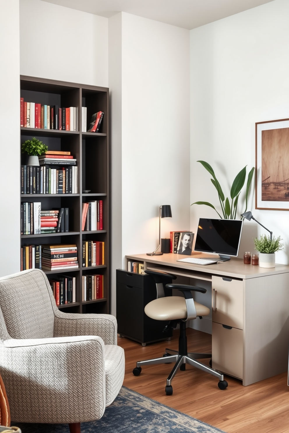 Create a cozy reading nook in the corner of a modern living room. There is a plush armchair upholstered in soft, textured fabric positioned beside a tall bookshelf filled with colorful books. Modern home office design ideas for small spaces include a sleek desk with minimalistic lines and integrated storage solutions. A comfortable ergonomic chair complements the desk, and the walls are adorned with inspiring artwork and plants to enhance creativity.