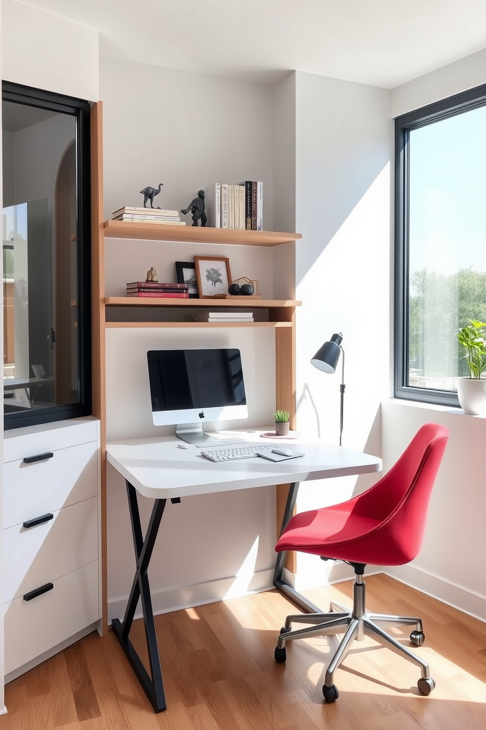 A modern home office design featuring a foldable desk that allows for flexibility and easy storage. The space is bright and airy, with large windows providing natural light and a minimalist aesthetic that promotes productivity. The walls are painted in a soft white color, complemented by a stylish accent chair in a bold hue. Shelves above the desk display neatly organized books and decorative items, adding personality to the workspace.