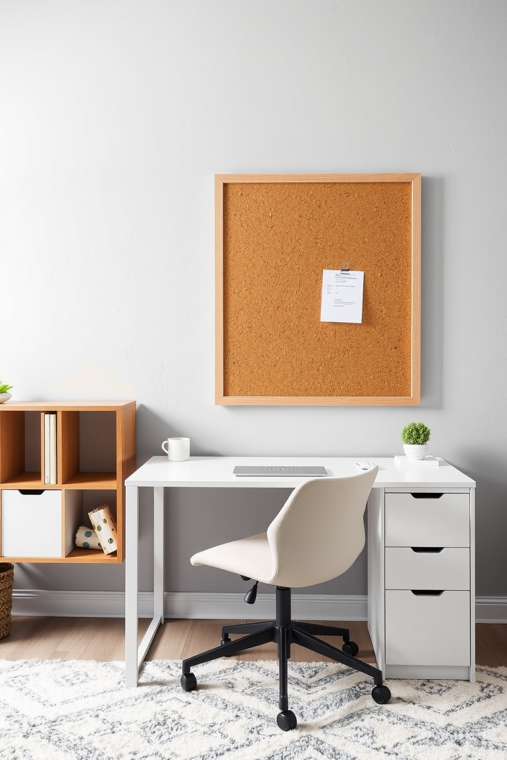 A modern home office setting designed for small spaces. The room features a sleek desk with a minimalist design, positioned against a light gray wall. Incorporate a bulletin board for reminders above the desk, made of natural cork with a simple wooden frame. The floor is covered with a soft area rug, and a stylish task chair complements the overall aesthetic.