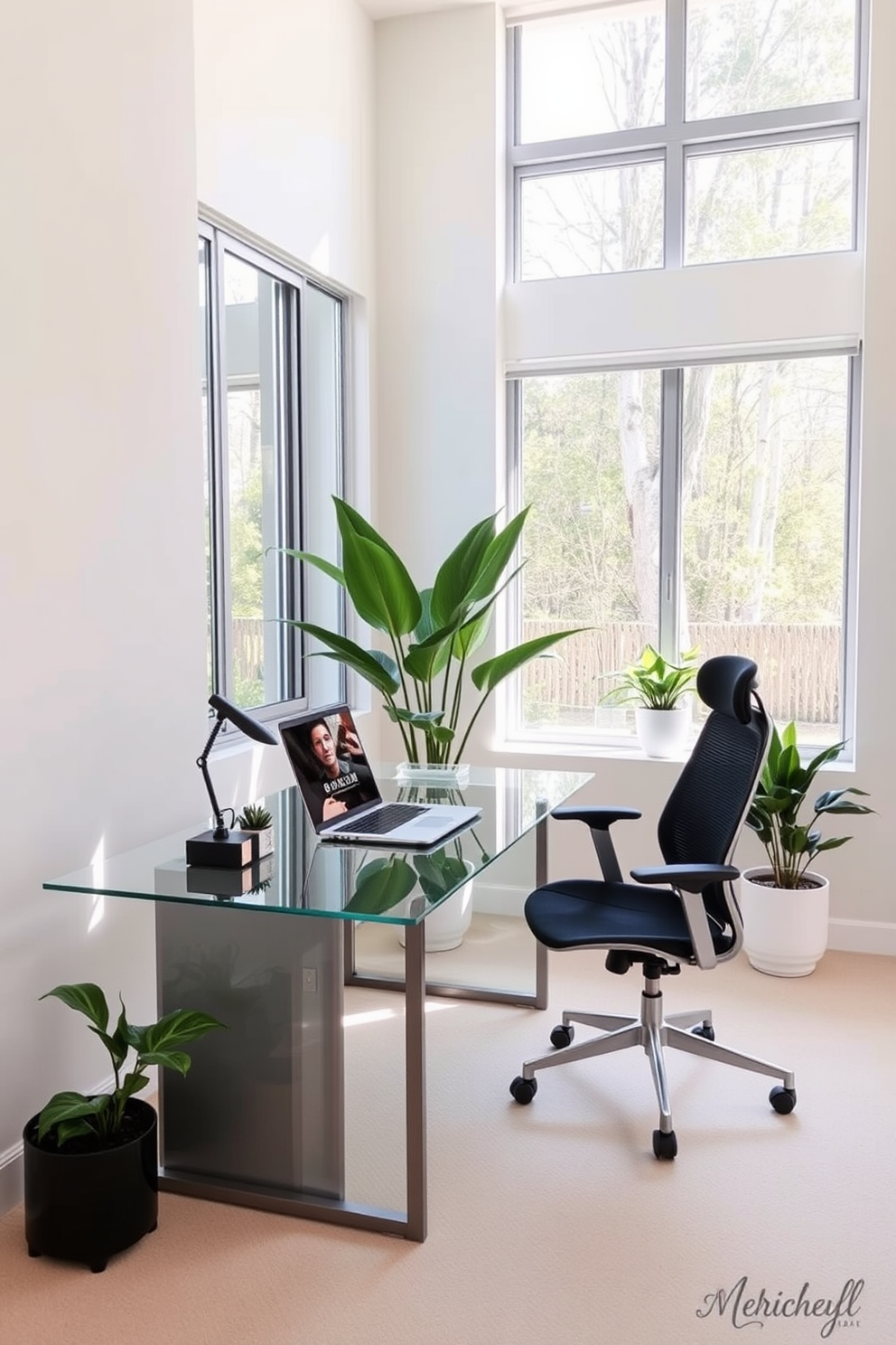 A modern home office design features a sleek glass desk that enhances the sense of openness in the space. The walls are painted in a light neutral color, and a stylish ergonomic chair complements the minimalist aesthetic. Natural light floods the room through large windows, creating a bright and inviting atmosphere. Decorative plants are placed strategically around the office to add a touch of greenery and warmth.