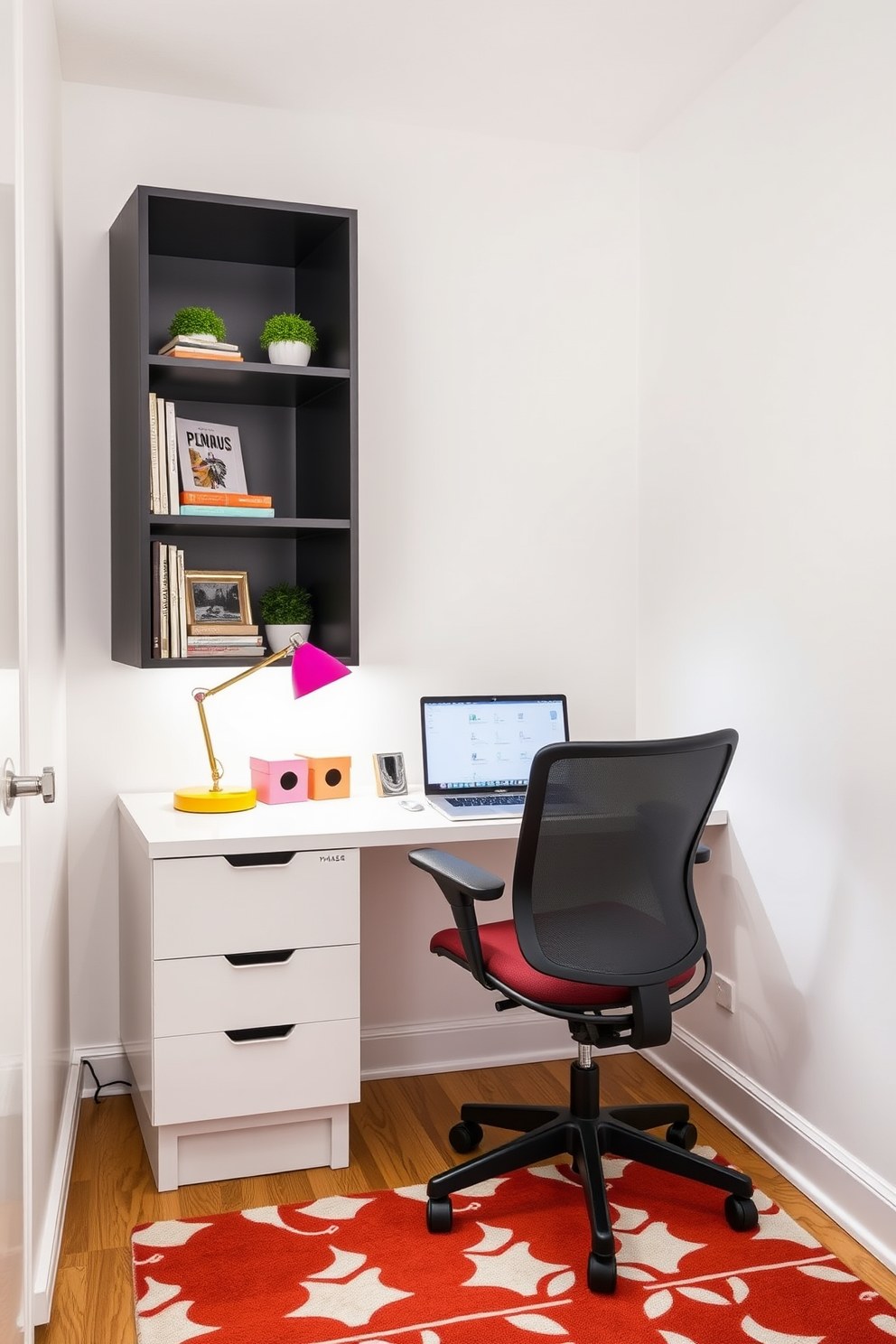 A modern home office designed for small spaces features a sleek desk with a minimalist design and a comfortable ergonomic chair. Brightly colored accessories like a vibrant desk lamp and decorative storage boxes add a pop of color to the neutral palette. The walls are painted in a soft white, creating an airy feel, while a stylish bookshelf showcases personal items and plants. A small area rug in a bold pattern anchors the space, enhancing the overall aesthetic.