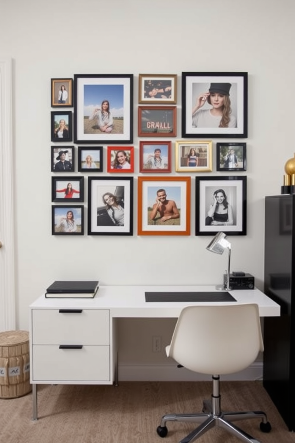 Create a gallery wall featuring a collection of personal photos arranged in an eclectic style. The frames vary in size and color, creating a dynamic visual impact against a neutral wall backdrop. Design a modern home office that maximizes functionality in a small space. Incorporate a sleek desk with integrated storage solutions, and use light colors to enhance the sense of openness.