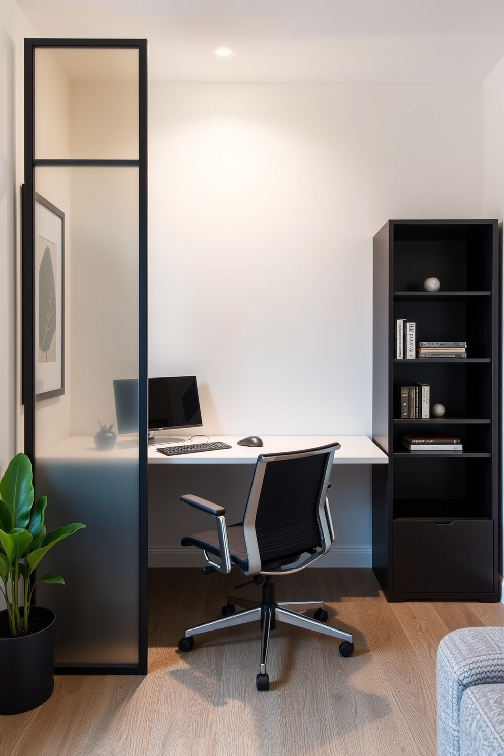 A modern home office designed for small spaces features a sleek room divider that creates a sense of privacy while maintaining an open feel. The desk is positioned against the divider, complemented by a comfortable ergonomic chair and stylish shelving that maximizes vertical space.