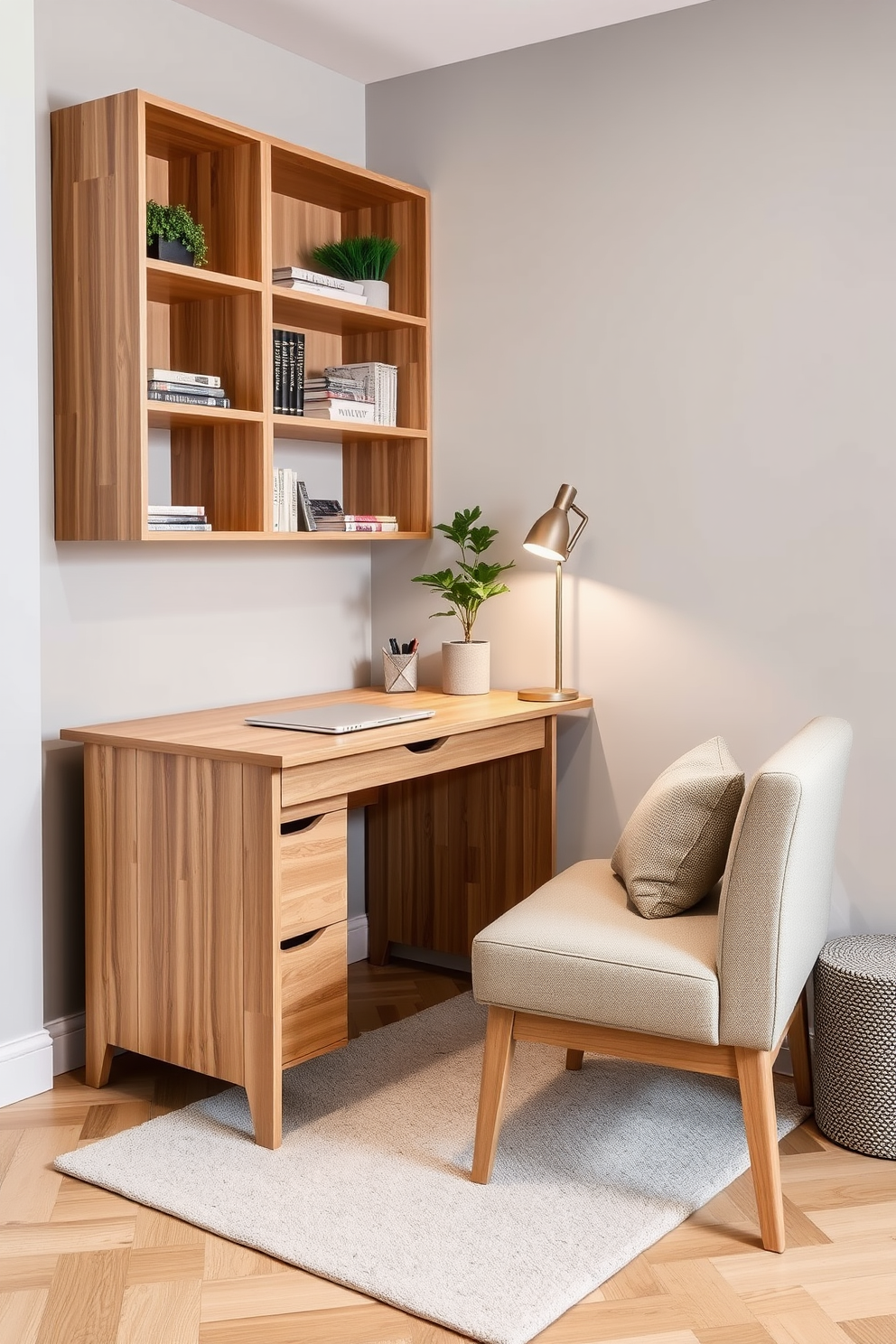 A modern home office designed for small spaces features a sleek desk made of light wood positioned against a wall. A comfortable small sofa in a neutral tone is placed in the corner, providing a cozy spot for relaxation and inspiration. The walls are painted in a soft gray, creating a calming atmosphere, while open shelving above the desk displays books and decorative items. A stylish desk lamp and a potted plant add warmth and functionality to the space.