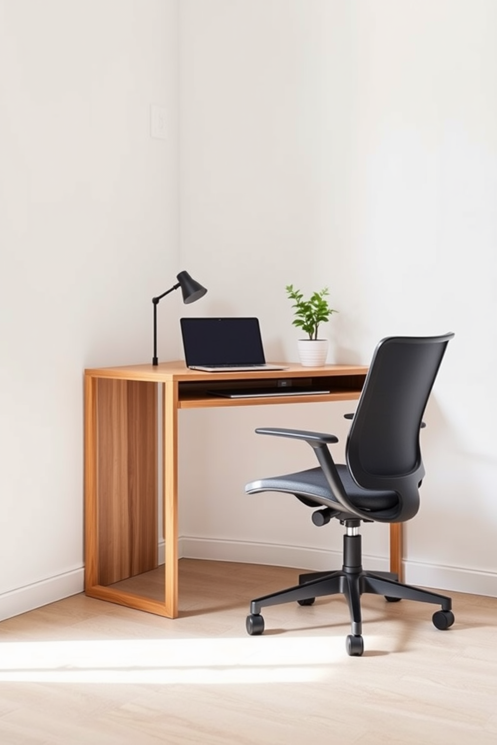 A compact corner desk is positioned against the wall, featuring a sleek design with clean lines and a warm wood finish. An ergonomic chair complements the desk, offering comfort and support for long hours of work. The walls are painted in a soft neutral color, enhancing the sense of space and light. A small potted plant sits on the desk, adding a touch of greenery and a refreshing vibe to the modern home office.