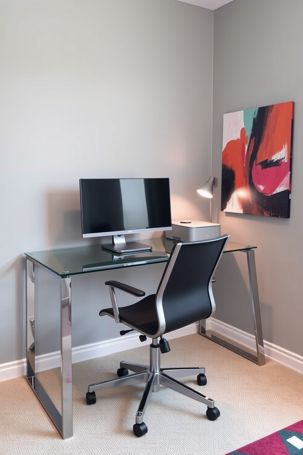 A modern home office setting designed for small spaces. The room features a sleek glass desk paired with a minimalist ergonomic chair, creating a clean and functional workspace. On the desk, a high-tech monitor is positioned alongside a compact printer and a stylish desk lamp. The walls are painted in a soft gray, and a vibrant piece of abstract art adds a pop of color to the space.