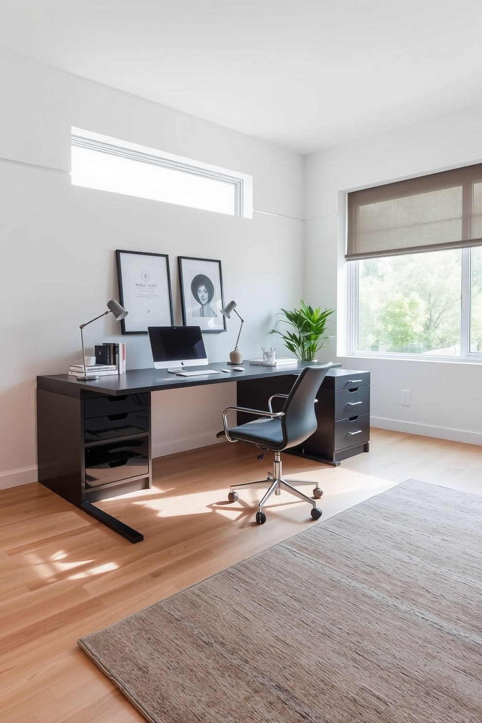 A modern home office features a sleek desk with integrated under-desk storage solutions that maximize space efficiency. The room is adorned with minimalist decor, including a stylish chair and a soft area rug that adds warmth to the setting. Natural light floods the space through a large window, enhancing the bright and airy atmosphere. The walls are painted in a calming neutral tone, creating a perfect backdrop for productivity and creativity.