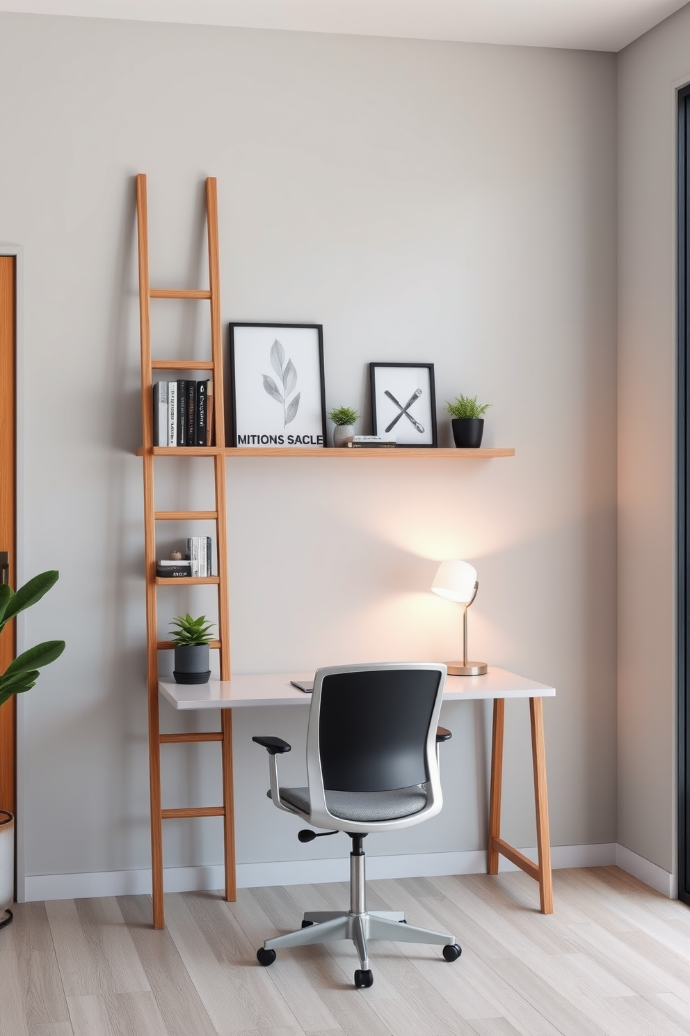 A modern home office design featuring a sleek ladder shelf made of natural wood positioned against a light gray wall. The shelf is adorned with stylish decorative items such as books, plants, and framed art, creating an inviting workspace. A minimalist desk with a clean design sits below the shelf, complemented by a comfortable ergonomic chair. Soft ambient lighting from a desk lamp enhances the cozy atmosphere, while a large window allows natural light to fill the space.