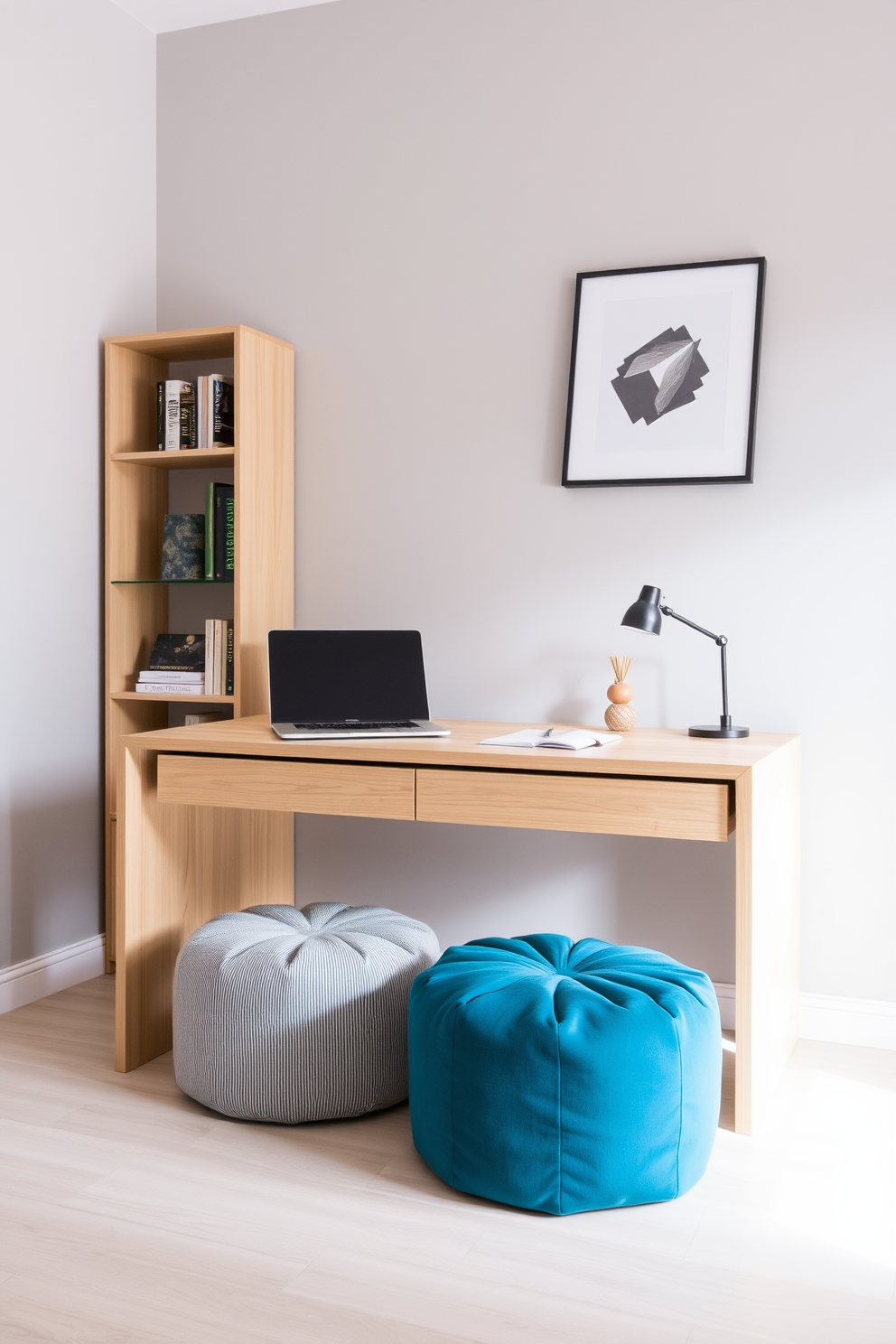 A modern home office designed for small spaces features a sleek desk made of light wood with clean lines. A comfortable pouf in a vibrant color is placed nearby for extra seating, adding a touch of personality to the workspace. The walls are painted in a soft gray, creating a calming atmosphere conducive to productivity. A minimalistic bookshelf stands against one wall, filled with books and decorative items that reflect the owner's style.