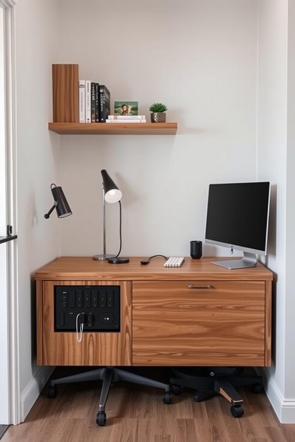 A sleek and modern home office setup designed for small spaces. The room features a compact desk with integrated cable management and a stylish ergonomic chair, complemented by a wall-mounted shelf for books and decor. A tech-friendly charging station is seamlessly integrated into the workspace. It includes multiple USB ports and wireless charging pads, all housed within a minimalist wooden console that blends with the overall aesthetic.