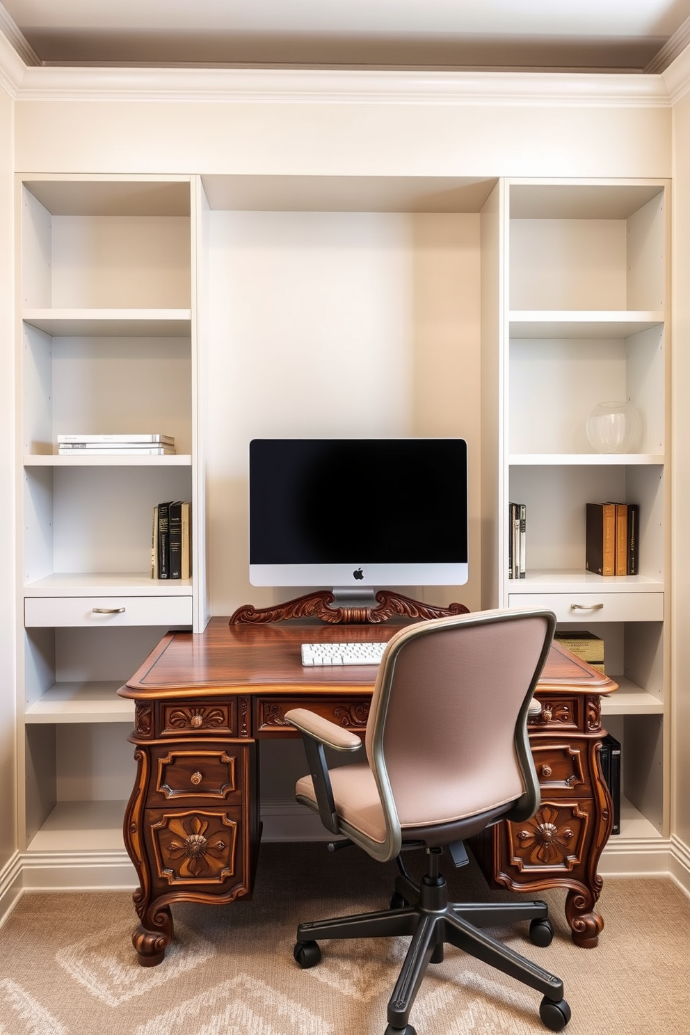 A vintage desk with intricate carvings serves as the centerpiece of the modern home office. Surrounding the desk are sleek, minimalist shelves that provide ample storage while maintaining an open feel in the small space. The walls are painted in a soft cream color, enhancing the brightness of the room. A comfortable ergonomic chair in a muted tone complements the desk and invites productivity.