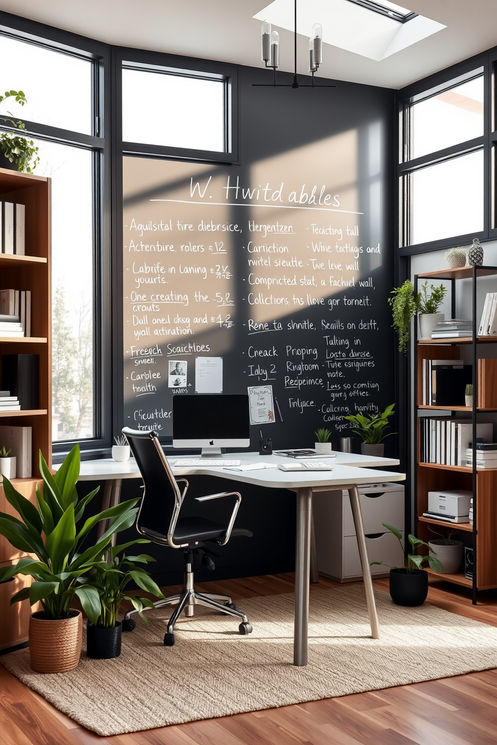 A modern home office design features a writable wall that encourages brainstorming and creativity. The space is equipped with a sleek desk and ergonomic chair, complemented by stylish shelving for organization. Natural light floods the room through large windows, enhancing the airy atmosphere. A cozy rug underfoot adds warmth, while potted plants bring a touch of nature indoors.