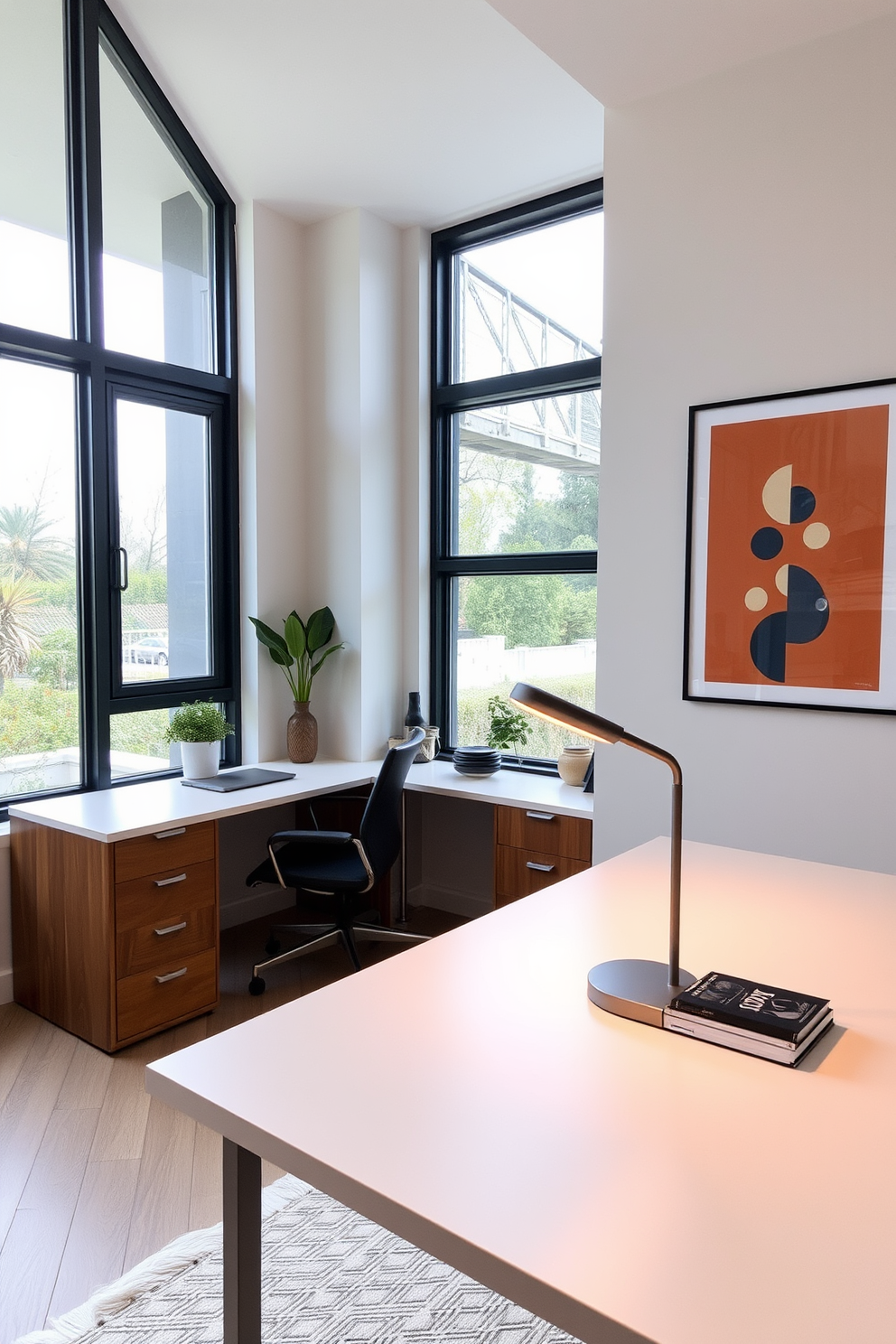 A stylish desk lamp with a sleek design and warm lighting sits on a minimalist desk in a modern home office. The office features a compact layout with smart storage solutions, a comfortable chair, and vibrant artwork on the walls to enhance creativity. Incorporate a blend of natural materials and contemporary finishes to create an inviting workspace. Large windows allow natural light to flow in, complementing the overall aesthetic and promoting productivity.