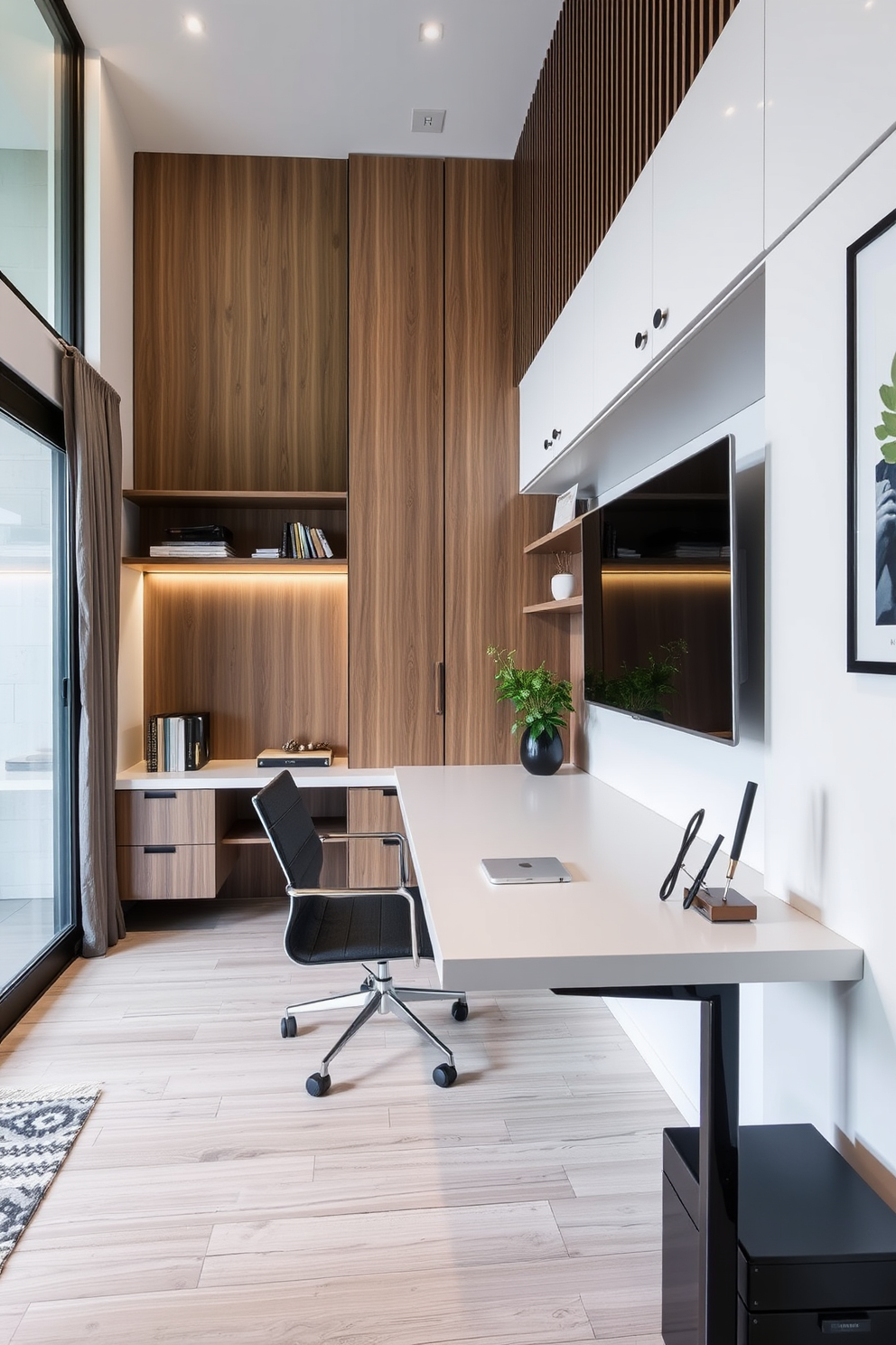 A modern home office features a sleek floating desk that maximizes floor space while providing ample workspace. Stylish storage solutions are integrated into the design, including wall-mounted shelves and hidden compartments to keep the area organized and clutter-free.