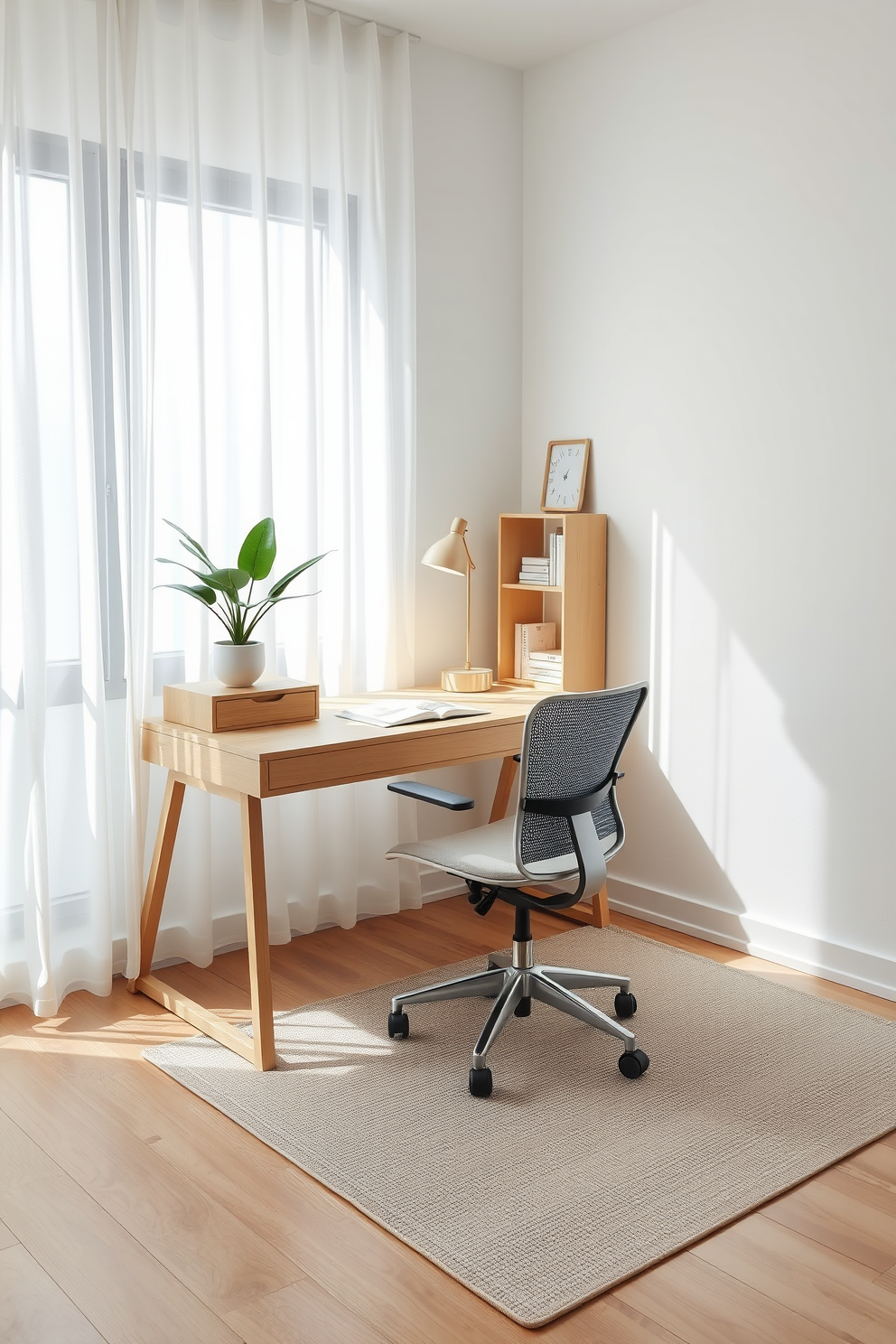 Create a zen workspace with minimal clutter. The desk is made of light wood and features a clean, simple design with a single potted plant on one corner. A comfortable ergonomic chair complements the desk, and a soft area rug adds warmth to the space. Natural light filters through sheer curtains, illuminating the calming color palette of soft grays and whites. Incorporate a few carefully chosen decorative items, such as a minimalist clock and a small bookshelf with a few select books. The overall atmosphere is serene, promoting focus and productivity in a modern home office design.