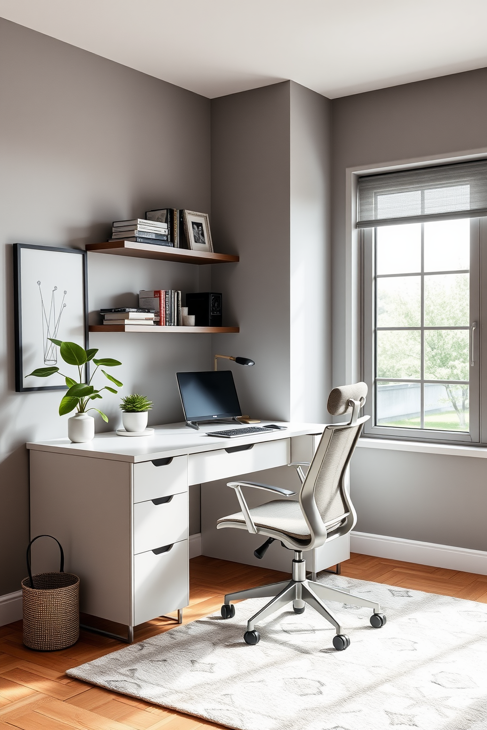 A modern home office with a sleek desk positioned against a large window allowing natural light to flood the space. The walls are painted in a soft gray, and a vibrant green plant sits on the corner of the desk, adding a refreshing touch to the minimalist decor. A comfortable ergonomic chair complements the desk, while open shelving displays stylish books and decorative items. A cozy rug anchors the space, and a small potted plant on the shelf brings life to the overall design.