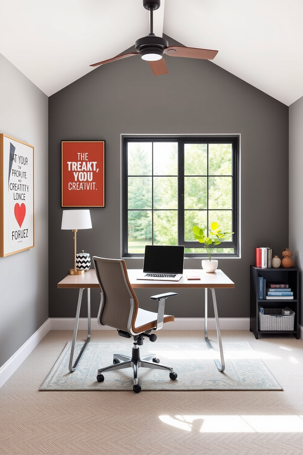 A modern home office designed for small spaces features a sleek desk positioned near a large window that allows natural light to flood the room. The walls are adorned with inspiring wall art that promotes creativity and focus, creating an inviting atmosphere for productivity. The color palette includes soft neutrals with pops of vibrant colors in the decor. A comfortable ergonomic chair complements the minimalist desk, while a small bookshelf holds curated books and decorative items to enhance the overall aesthetic.