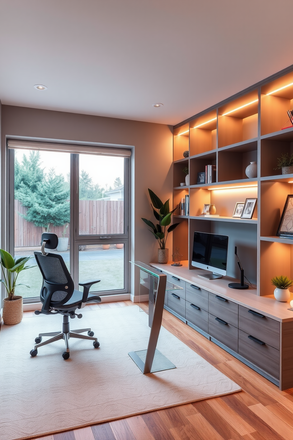 A modern home office design with integrated lighting creates a cozy atmosphere. The workspace features a sleek desk positioned by a large window, allowing natural light to flow in while adjustable LED lights provide warmth during the evening. The walls are painted in a soft gray hue, complemented by a comfortable ergonomic chair and stylish shelving units. Decorative elements like plants and artwork enhance the inviting feel of the space, making it perfect for productivity and relaxation.