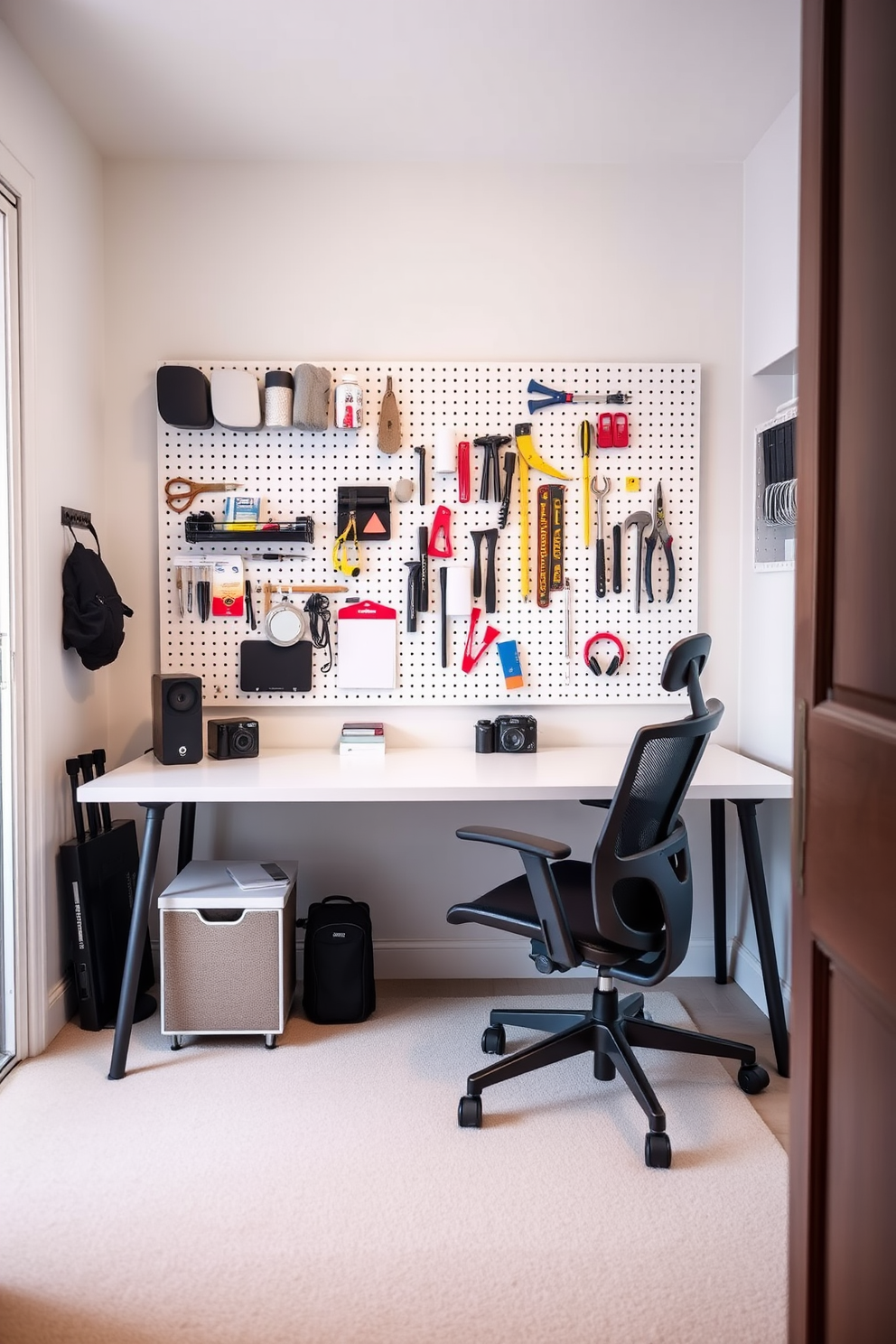 A modern home office features a pegboard mounted on the wall, providing an organized display for supplies and tools. The desk is sleek and minimalistic, paired with a comfortable ergonomic chair, creating an efficient workspace in a small area.